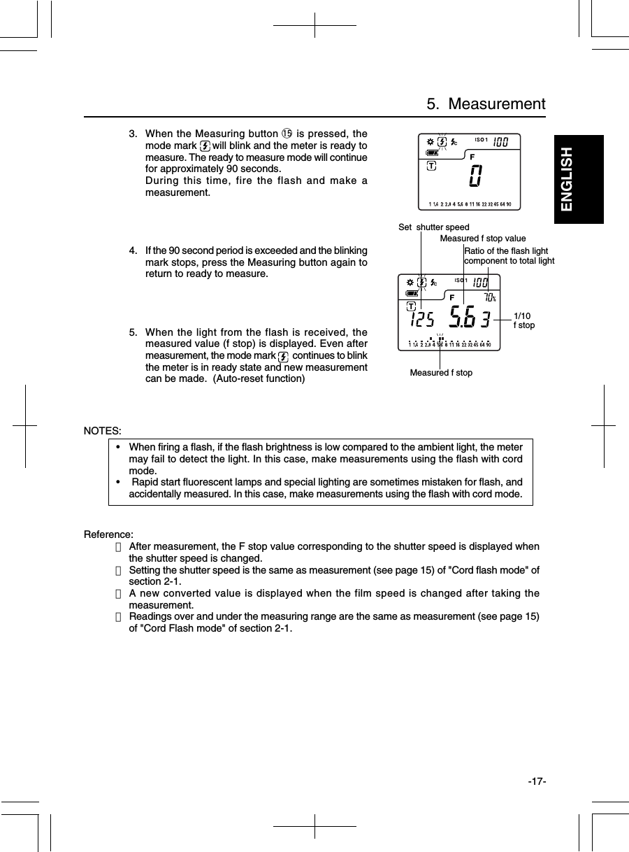 ENGLISH-17-3. When the Measuring button !5 is pressed, themode mark  will blink and the meter is ready tomeasure. The ready to measure mode will continuefor approximately 90 seconds.During this time, fire the flash and make ameasurement.4. If the 90 second period is exceeded and the blinkingmark stops, press the Measuring button again toreturn to ready to measure.5. When the light from the flash is received, themeasured value (f stop) is displayed. Even aftermeasurement, the mode mark   continues to blinkthe meter is in ready state and new measurementcan be made.  (Auto-reset function)5.  Measurement1/10f stopMeasured f stopNOTES:•When firing a flash, if the flash brightness is low compared to the ambient light, the metermay fail to detect the light. In this case, make measurements using the flash with cordmode.• Rapid start fluorescent lamps and special lighting are sometimes mistaken for flash, andaccidentally measured. In this case, make measurements using the flash with cord mode.Reference:・After measurement, the F stop value corresponding to the shutter speed is displayed whenthe shutter speed is changed.・Setting the shutter speed is the same as measurement (see page 15) of &quot;Cord flash mode&quot; ofsection 2-1.・A new converted value is displayed when the film speed is changed after taking themeasurement.・Readings over and under the measuring range are the same as measurement (see page 15)of &quot;Cord Flash mode&quot; of section 2-1.Measured f stop valueSet  shutter speedRatio of the flash lightcomponent to total light