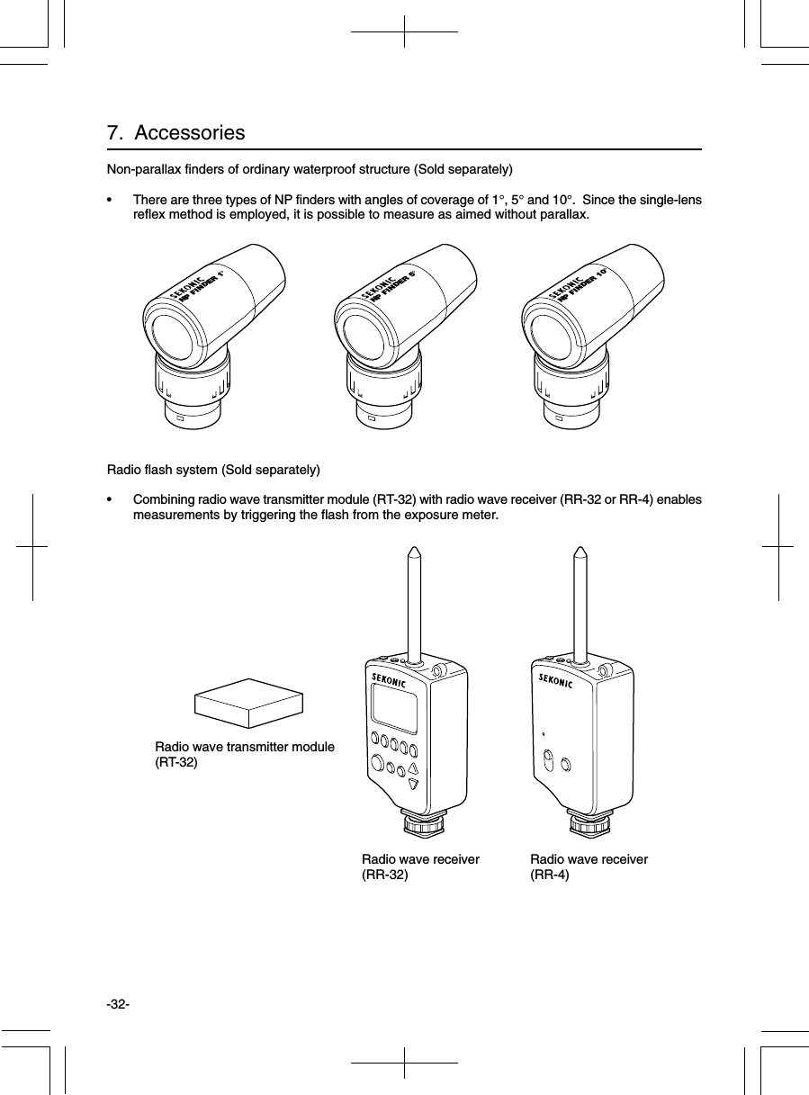 -32-7.  AccessoriesNon-parallax finders of ordinary waterproof structure (Sold separately)• There are three types of NP finders with angles of coverage of 1°, 5° and 10°.  Since the single-lensreflex method is employed, it is possible to measure as aimed without parallax.Radio flash system (Sold separately)• Combining radio wave transmitter module (RT-32) with radio wave receiver (RR-32 or RR-4) enablesmeasurements by triggering the flash from the exposure meter.Radio wave transmitter module(RT-32)Radio wave receiver(RR-32) Radio wave receiver(RR-4)NP FINDER 1°NP FINDER 5°NP FINDER 10°