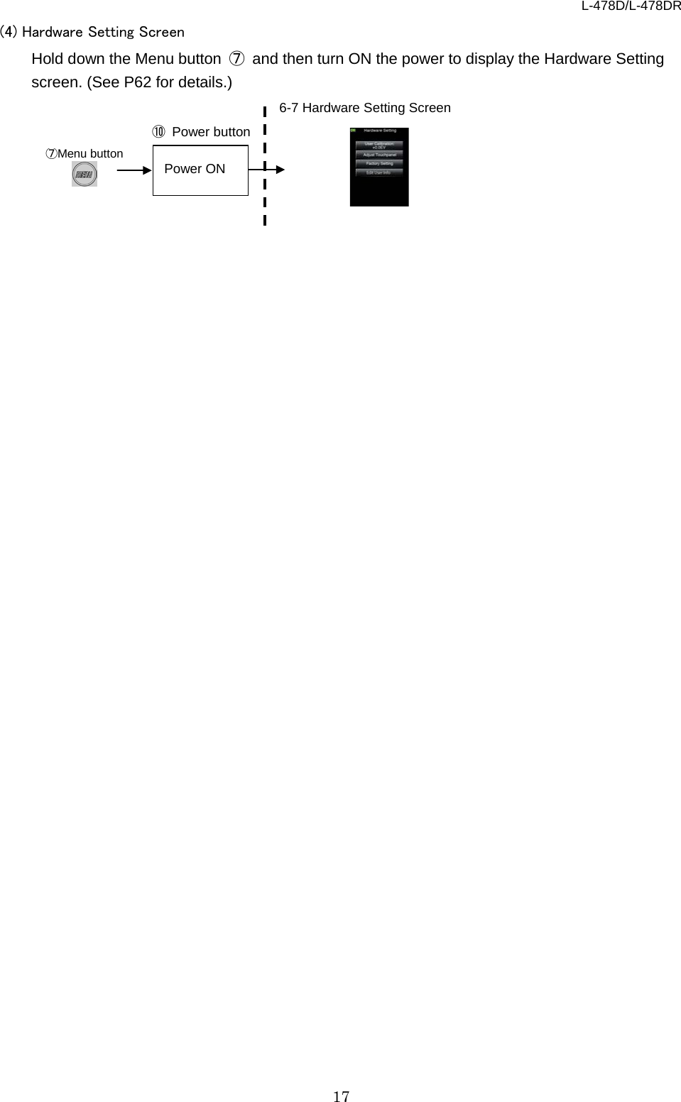 L-478D/L-478DR 17 (4) Hardware Setting Screen   Hold down the Menu button  ⑦ and then turn ON the power to display the Hardware Setting screen. (See P62 for details.)          ⑩ Power button ⑦Menu button  6-7 Hardware Setting Screen Power ON 