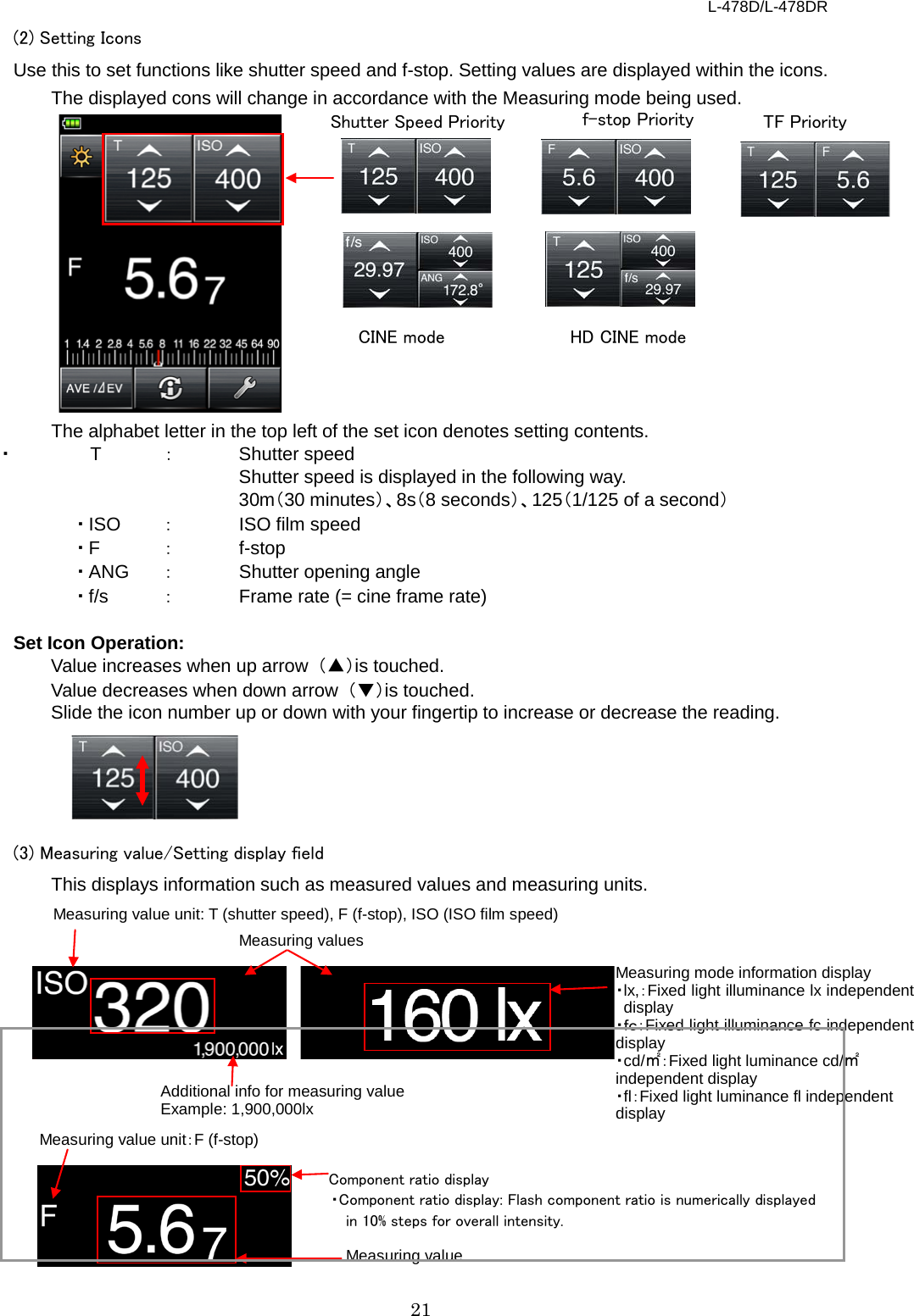 L-478D/L-478DR 21 (2) Setting Icons Use this to set functions like shutter speed and f-stop. Setting values are displayed within the icons. The displayed cons will change in accordance with the Measuring mode being used.            The alphabet letter in the top left of the set icon denotes setting contents.   ・  T  ： Shutter speed       Shutter speed is displayed in the following way.       30m（30 minutes）、8s（8 seconds）、125（1/125 of a second） ・ ISO    ： ISO film speed ・ F    ：  f-stop ・ ANG    ： Shutter opening angle ・ f/s    ： Frame rate (= cine frame rate)    Set Icon Operation: Value increases when up arrow  （▲）is touched. Value decreases when down arrow  （▼）is touched. Slide the icon number up or down with your fingertip to increase or decrease the reading.     (3) Measuring value/Setting display field   This displays information such as measured values and measuring units.                Measuring values Measuring value unit: T (shutter speed), F (f-stop), ISO (ISO film speed)   Additional info for measuring value Example: 1,900,000lx Measuring mode information display ・lx,：Fixed light illuminance lx independent display     ・ｆｃ：Fixed light illuminance fc independent display   ・cd/㎡：Fixed light luminance cd/㎡ independent display ・fl：Fixed light luminance fl independent display   Measuring value Measuring value unit：F (f-stop)  Shutter Speed Priority f-stop Priority TF Priority CINE mode HD CINE mode Component ratio display ・Component ratio display: Flash component ratio is numerically displayed in 10% steps for overall intensity.    