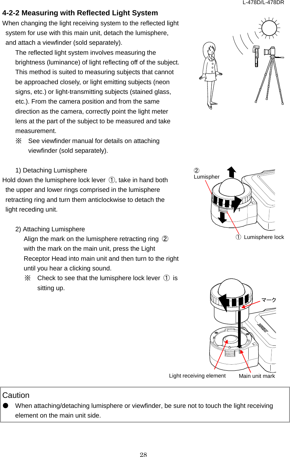 L-478D/L-478DR 28 ① Lumisphere lock  ② Lumispher   4-2-2 Measuring with Reflected Light System   When changing the light receiving system to the reflected light system for use with this main unit, detach the lumisphere, and attach a viewfinder (sold separately).   The reflected light system involves measuring the brightness (luminance) of light reflecting off of the subject. This method is suited to measuring subjects that cannot be approached closely, or light emitting subjects (neon signs, etc.) or light-transmitting subjects (stained glass, etc.). From the camera position and from the same direction as the camera, correctly point the light meter lens at the part of the subject to be measured and take measurement.   ※ See viewfinder manual for details on attaching viewfinder (sold separately).    1) Detaching Lumisphere Hold down the lumisphere lock lever  ①, take in hand both the upper and lower rings comprised in the lumisphere retracting ring and turn them anticlockwise to detach the light receding unit.    2) Attaching Lumisphere Align the mark on the lumisphere retracting ring  ② with the mark on the main unit, press the Light Receptor Head into main unit and then turn to the right until you hear a clicking sound.   ※ Check to see that the lumisphere lock lever  ①  is sitting up.             Caution ● When attaching/detaching lumisphere or viewfinder, be sure not to touch the light receiving element on the main unit side.     マーク Main unit mark Light receiving element 