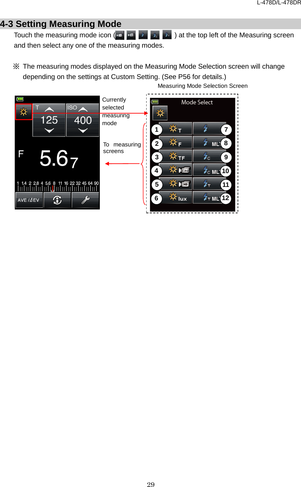 L-478D/L-478DR 29  4-3 Setting Measuring Mode Touch the measuring mode icon (   ) at the top left of the Measuring screen and then select any one of the measuring modes.  ※ The measuring modes displayed on the Measuring Mode Selection screen will change depending on the settings at Custom Setting. (See P56 for details.)              Currently selected measuring mode    Measuring Mode Selection Screen To measuring screens   1 2 3 4 5 6 7 8 9 10 11 12   