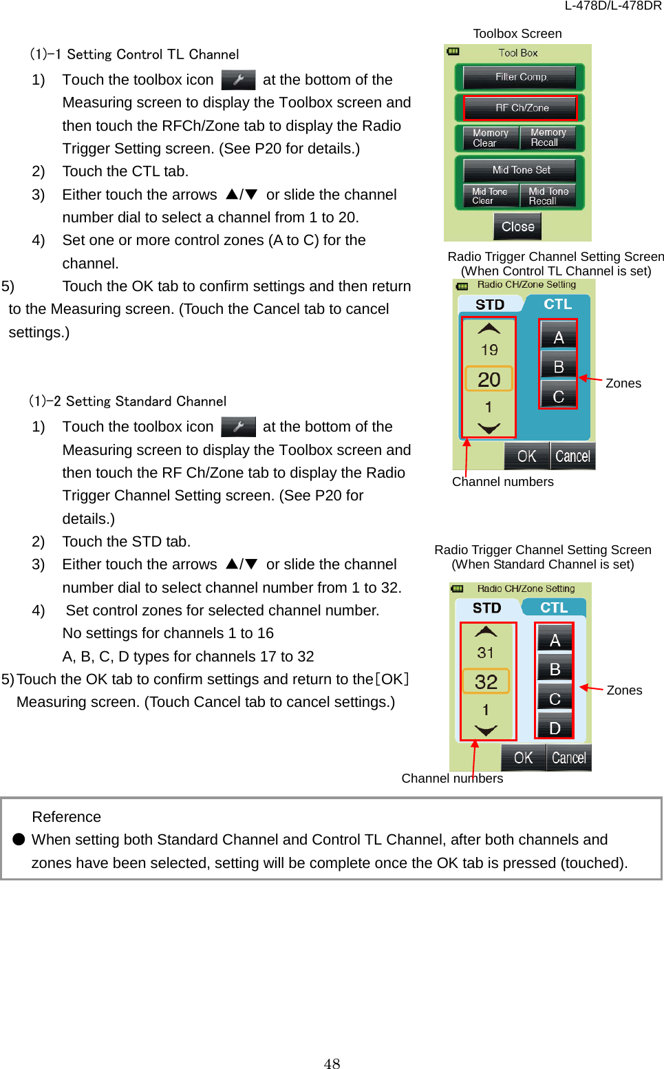 L-478D/L-478DR 48  (1)-1 Setting Control TL Channel   1) Touch the toolbox icon   at the bottom of the Measuring screen to display the Toolbox screen and then touch the RFCh/Zone tab to display the Radio Trigger Setting screen. (See P20 for details.)   2) Touch the CTL tab.   3) Either touch the arrows  ▲/▼ or slide the channel number dial to select a channel from 1 to 20.   4) Set one or more control zones (A to C) for the channel.   5) Touch the OK tab to confirm settings and then return to the Measuring screen. (Touch the Cancel tab to cancel settings.)     (1)-2 Setting Standard Channel 1) Touch the toolbox icon  at the bottom of the Measuring screen to display the Toolbox screen and then touch the RF Ch/Zone tab to display the Radio Trigger Channel Setting screen. (See P20 for details.)   2) Touch the STD tab. 3) Either touch the arrows  ▲/▼ or slide the channel number dial to select channel number from 1 to 32. 4)    Set control zones for selected channel number.   No settings for channels 1 to 16 A, B, C, D types for channels 17 to 32 5) Touch the OK tab to confirm settings and return to the［OK］Measuring screen. (Touch Cancel tab to cancel settings.)       Reference ● When setting both Standard Channel and Control TL Channel, after both channels and zones have been selected, setting will be complete once the OK tab is pressed (touched).   Radio Trigger Channel Setting Screen   (When Control TL Channel is set) Zones Channel numbers Radio Trigger Channel Setting Screen (When Standard Channel is set)   Channel numbers Zones Toolbox Screen 