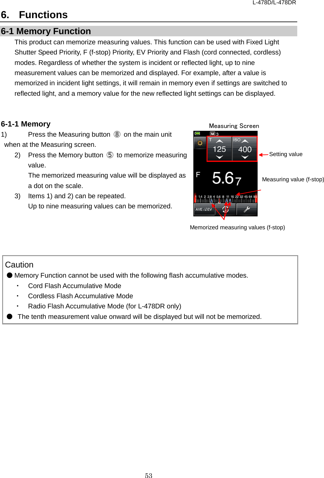 L-478D/L-478DR 53 6.  Functions 6-1 Memory Function This product can memorize measuring values. This function can be used with Fixed Light Shutter Speed Priority, F (f-stop) Priority, EV Priority and Flash (cord connected, cordless) modes. Regardless of whether the system is incident or reflected light, up to nine measurement values can be memorized and displayed. For example, after a value is memorized in incident light settings, it will remain in memory even if settings are switched to reflected light, and a memory value for the new reflected light settings can be displayed.     6-1-1 Memory 1) Press the Measuring button  ⑧ on the main unit when at the Measuring screen.   2) Press the Memory button  ⑤ to memorize measuring value.   The memorized measuring value will be displayed as a dot on the scale.   3) Items 1) and 2) can be repeated. Up to nine measuring values can be memorized.         Caution   ● Memory Function cannot be used with the following flash accumulative modes.   ・ Cord Flash Accumulative Mode ・ Cordless Flash Accumulative Mode ・ Radio Flash Accumulative Mode (for L-478DR only)   ●   The tenth measurement value onward will be displayed but will not be memorized.     Setting value Measuring value (f-stop) Memorized measuring values (f-stop) Measuring Screen 