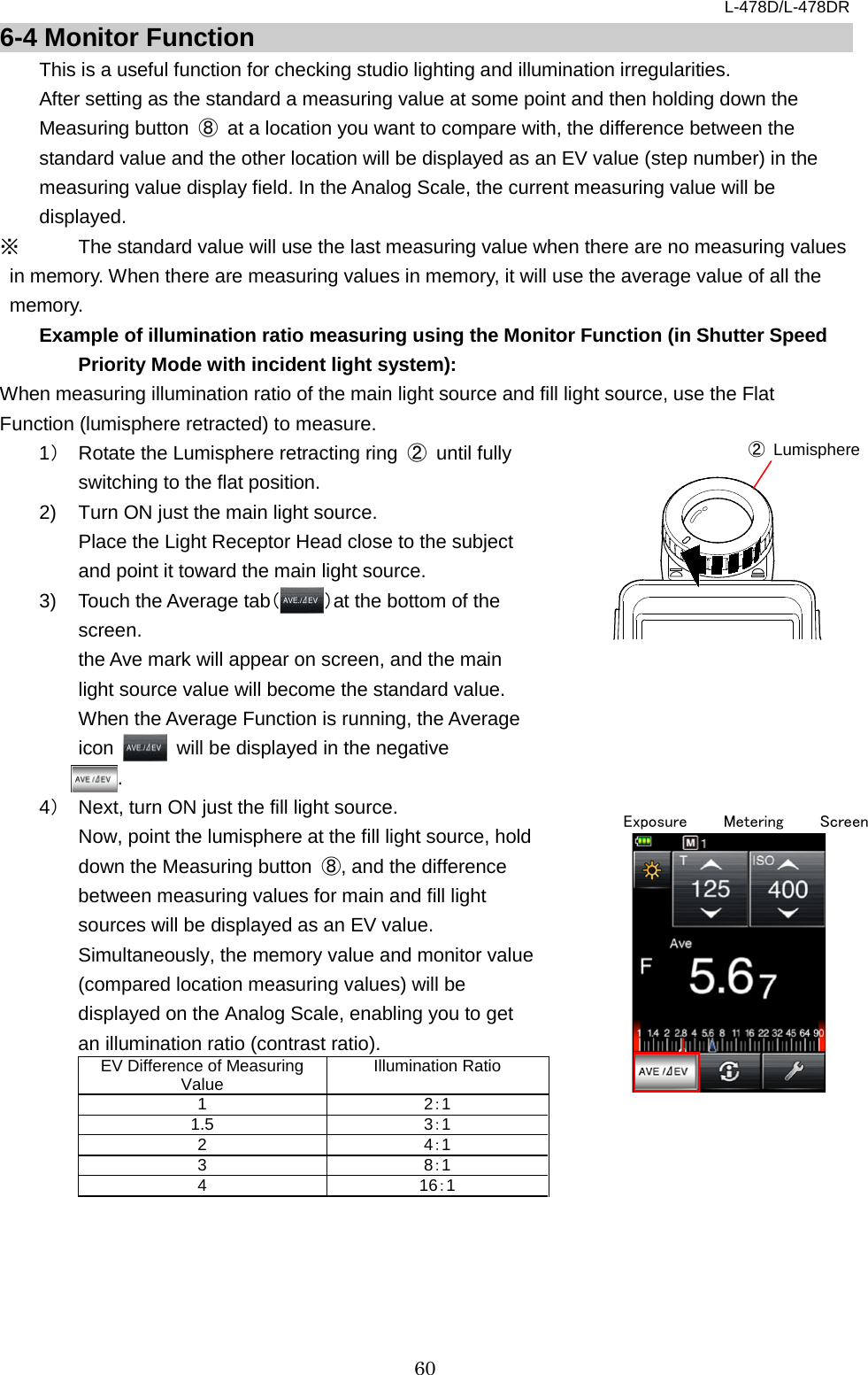 L-478D/L-478DR 60 ② Lumisphere    6-4 Monitor Function This is a useful function for checking studio lighting and illumination irregularities. After setting as the standard a measuring value at some point and then holding down the Measuring button  ⑧ at a location you want to compare with, the difference between the standard value and the other location will be displayed as an EV value (step number) in the measuring value display field. In the Analog Scale, the current measuring value will be displayed. ※ The standard value will use the last measuring value when there are no measuring values in memory. When there are measuring values in memory, it will use the average value of all the memory.   Example of illumination ratio measuring using the Monitor Function (in Shutter Speed Priority Mode with incident light system):   When measuring illumination ratio of the main light source and fill light source, use the Flat Function (lumisphere retracted) to measure.   1） Rotate the Lumisphere retracting ring  ② until fully switching to the flat position.   2)  Turn ON just the main light source.   Place the Light Receptor Head close to the subject and point it toward the main light source. 3) Touch the Average tab（ ）at the bottom of the screen. the Ave mark will appear on screen, and the main light source value will become the standard value.   When the Average Function is running, the Average icon   will be displayed in the negative        . .   4） Next, turn ON just the fill light source.   Now, point the lumisphere at the fill light source, hold down the Measuring button  ⑧, and the difference between measuring values for main and fill light sources will be displayed as an EV value. Simultaneously, the memory value and monitor value (compared location measuring values) will be displayed on the Analog Scale, enabling you to get an illumination ratio (contrast ratio).  EV Difference of Measuring Value Illumination Ratio 1 2：1 1.5 3：1 2 4：1 3 8：1 4 16：1     Exposure Metering Screen    