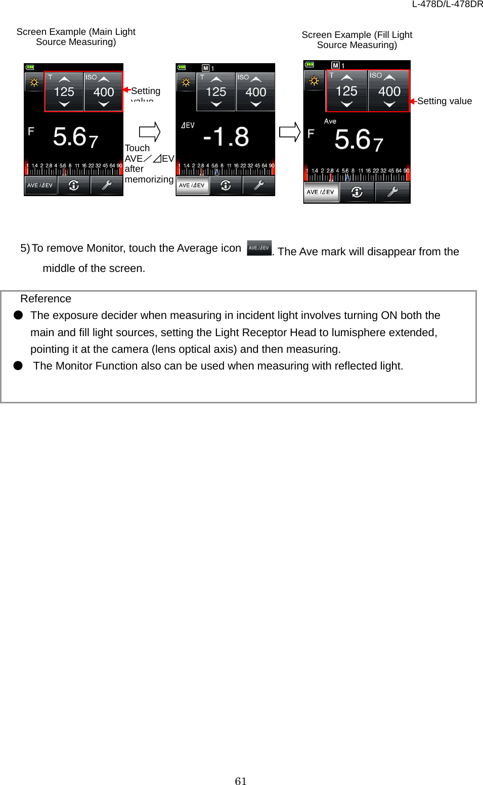 L-478D/L-478DR 61 Touch AVE／⊿EV after memorizing              5) To remove Monitor, touch the Average icon  . The Ave mark will disappear from the middle of the screen.    Reference ● The exposure decider when measuring in incident light involves turning ON both the main and fill light sources, setting the Light Receptor Head to lumisphere extended, pointing it at the camera (lens optical axis) and then measuring.   ● The Monitor Function also can be used when measuring with reflected light. Setting value Screen Example (Main Light Source Measuring) Setting value Screen Example (Fill Light Source Measuring) 