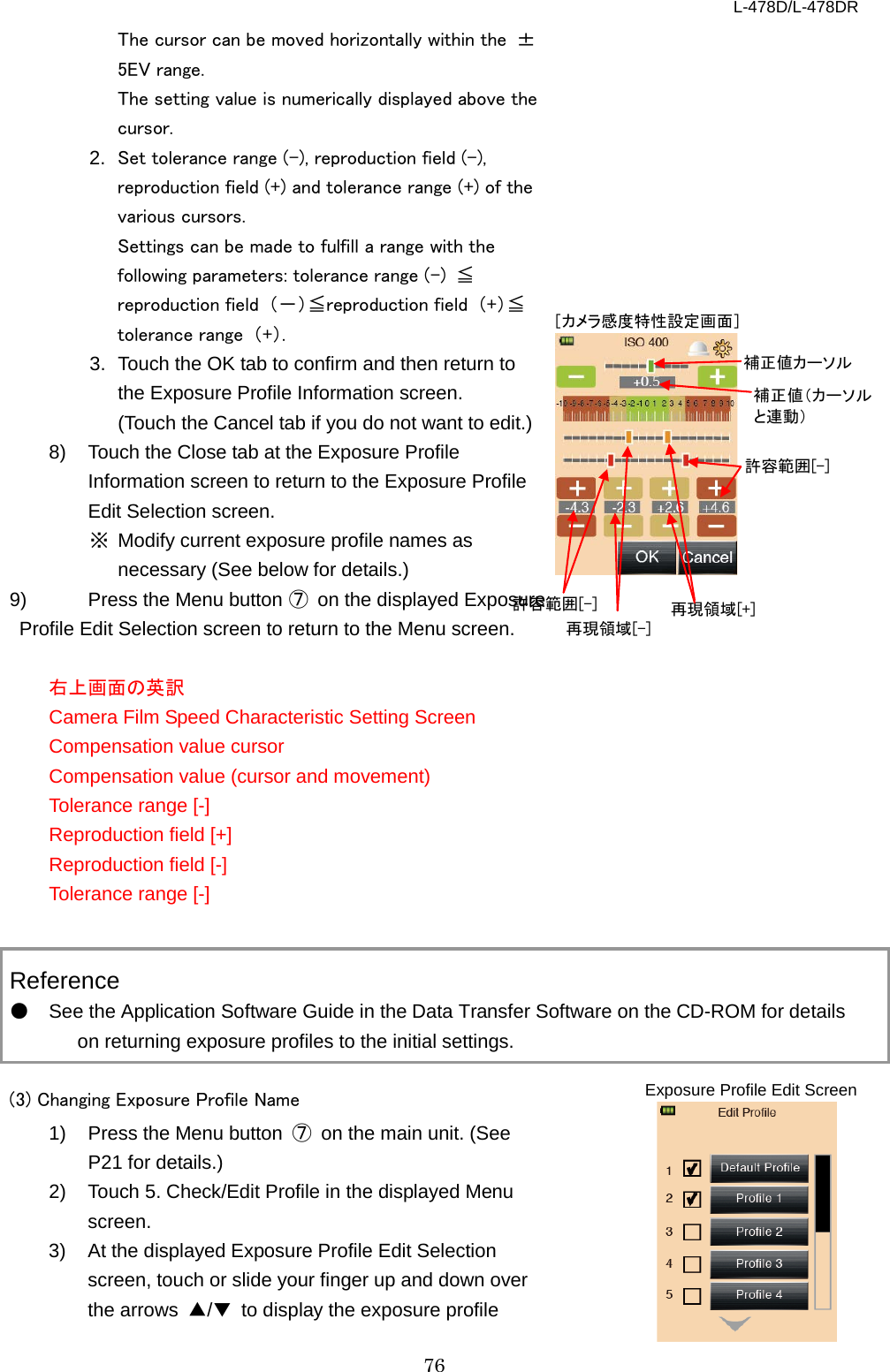 L-478D/L-478DR 76 The cursor can be moved horizontally within the  ±5EV range.   The setting value is numerically displayed above the cursor. 2. Set tolerance range (-), reproduction field (-), reproduction field (+) and tolerance range (+) of the various cursors.   Settings can be made to fulfill a range with the following parameters: tolerance range (-)  ≦ reproduction field  （－）≦reproduction field  （+）≦tolerance range  （+）.   3. Touch the OK tab to confirm and then return to the Exposure Profile Information screen.   (Touch the Cancel tab if you do not want to edit.)   8)  Touch the Close tab at the Exposure Profile Information screen to return to the Exposure Profile Edit Selection screen.   ※ Modify current exposure profile names as necessary (See below for details.)   9)  Press the Menu button ⑦ on the displayed Exposure Profile Edit Selection screen to return to the Menu screen.  右上画面の英訳 Camera Film Speed Characteristic Setting Screen Compensation value cursor Compensation value (cursor and movement) Tolerance range [-] Reproduction field [+] Reproduction field [-] Tolerance range [-]   Reference ● See the Application Software Guide in the Data Transfer Software on the CD-ROM for details on returning exposure profiles to the initial settings.    (3) Changing Exposure Profile Name   1) Press the Menu button  ⑦ on the main unit. (See P21 for details.)   2) Touch 5. Check/Edit Profile in the displayed Menu screen. 3) At the displayed Exposure Profile Edit Selection screen, touch or slide your finger up and down over the arrows  ▲/▼ to display the exposure profile Exposure Profile Edit Screen  ［カメラ感度特性設定画面］ 補正値カーソル 補正値（カーソルと連動） 再現領域[-] 許容範囲[-] 再現領域[+] 許容範囲[-] 