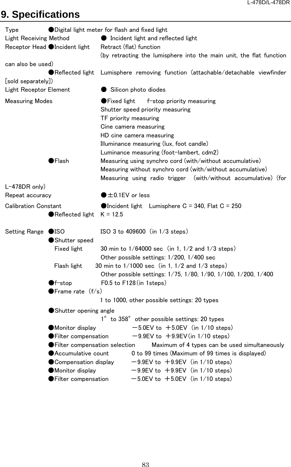 L-478D/L-478DR 83 9. Specifications Type ●Digital light meter for flash and fixed light Light Receiving Method ● Incident light and reflected light Receptor Head ●Incident light Retract (flat) function     (by retracting the lumisphere into the main unit, the flat function can also be used)    ●Reflected light Lumisphere removing function (attachable/detachable viewfinder [sold separately]) Light Receptor Element ●  Silicon photo diodes   Measuring Modes ●Fixed light  f-stop priority measuring     Shutter speed priority measuring     TF priority measuring       Cine camera measuring       HD cine camera measuring       Illuminance measuring (lux, foot candle)       Luminance measuring (foot-lambert, cdm2)    ●Flash Measuring using synchro cord (with/without accumulative)       Measuring without synchro cord (with/without accumulative)     Measuring using radio trigger  (with/without accumulative) (for L-478DR only)   Repeat accuracy ●±0.1EV or less Calibration Constant   ●Incident light    Lumisphere C = 340, Flat C = 250  ●Reflected light  K = 12.5  Setting Range ●ISO ISO 3 to 409600  （in 1/3 steps）               ●Shutter speed      Fixed light  30 min to 1/64000 sec  （in 1, 1/2 and 1/3 steps）        Other possible settings: 1/200, 1/400 sec Flash light   30 min to 1/1000 sec  （in 1, 1/2 and 1/3 steps）   Other possible settings: 1/75, 1/80, 1/90, 1/100, 1/200, 1/400   ●f-stop         F0.5 to F128（in 1steps）                      ●Frame rate （f/s）                     1 to 1000, other possible settings: 20 types   ●Shutter opening angle                                       1°to 358°other possible settings: 20 types  ●Monitor display －5.0EV to  ＋5.0EV （in 1/10 steps)   ●Filter compensation －9.9EV to  ＋9.9EV（in 1/10 steps)   ●Filter compensation selection          Maximum of 4 types can be used simultaneously    ●Accumulative count  0 to 99 times (Maximum of 99 times is displayed)    ●Compensation display －9.9EV to  ＋9.9EV （in 1/10 steps)   ●Monitor display －9.9EV to  ＋9.9EV （in 1/10 steps)   ●Filter compensation －5.0EV to  ＋5.0EV （in 1/10 steps)  