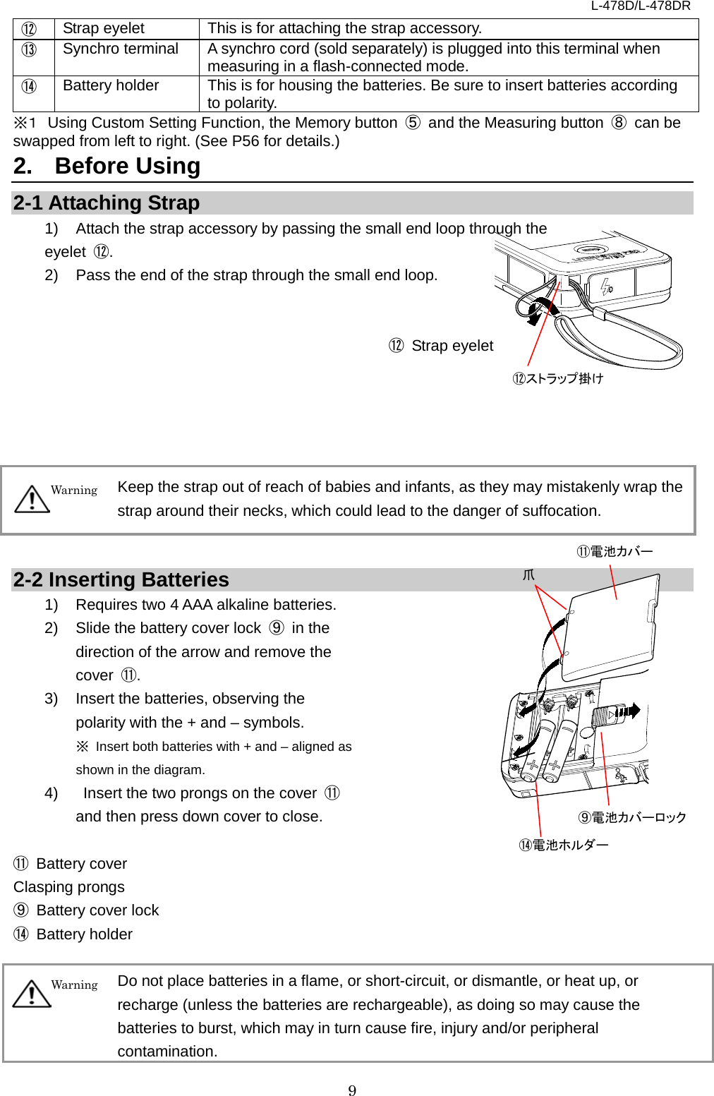 L-478D/L-478DR 9 ⑫ Strap eyelet This is for attaching the strap accessory.   ⑬ Synchro terminal A synchro cord (sold separately) is plugged into this terminal when measuring in a flash-connected mode.   ⑭ Battery holder This is for housing the batteries. Be sure to insert batteries according to polarity. ※１ Using Custom Setting Function, the Memory button  ⑤ and the Measuring button  ⑧ can be swapped from left to right. (See P56 for details.) 2.  Before Using 2-1 Attaching Strap 1)  Attach the strap accessory by passing the small end loop through the   eyelet  ⑫.   2) Pass the end of the strap through the small end loop.   ⑫ Strap eyelet          Keep the strap out of reach of babies and infants, as they may mistakenly wrap the strap around their necks, which could lead to the danger of suffocation.   2-2 Inserting Batteries 1) Requires two 4 AAA alkaline batteries.   2) Slide the battery cover lock  ⑨ in the direction of the arrow and remove the cover  ⑪. 3) Insert the batteries, observing the polarity with the + and – symbols.   ※ Insert both batteries with + and – aligned as shown in the diagram.     4)    Insert the two prongs on the cover  ⑪ and then press down cover to close.    ⑪ Battery cover Clasping prongs ⑨ Battery cover lock ⑭ Battery holder      Do not place batteries in a flame, or short-circuit, or dismantle, or heat up, or recharge (unless the batteries are rechargeable), as doing so may cause the batteries to burst, which may in turn cause fire, injury and/or peripheral contamination. Warning Warning  ⑫ストラップ掛け ⑪電池カバー ⑨電池カバーロック 爪 ⑭電池ホルダー 