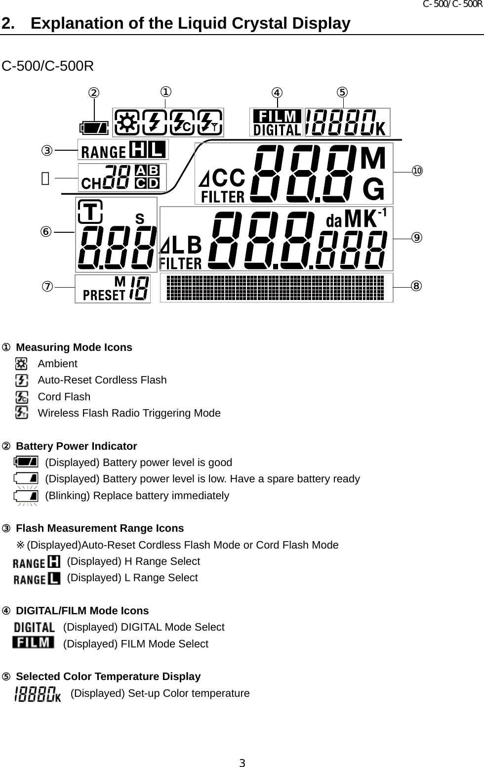 C-500/C-500R 3 2.  Explanation of the Liquid Crystal Display  C-500/C-500R                 ① Measuring Mode Icons Ambient Auto-Reset Cordless Flash Cord Flash Wireless Flash Radio Triggering Mode  ② Battery Power Indicator (Displayed) Battery power level is good (Displayed) Battery power level is low. Have a spare battery ready (Blinking) Replace battery immediately  ③ Flash Measurement Range Icons ※(Displayed)Auto-Reset Cordless Flash Mode or Cord Flash Mode (Displayed) H Range Select (Displayed) L Range Select  ④ DIGITAL/FILM Mode Icons (Displayed) DIGITAL Mode Select (Displayed) FILM Mode Select  ⑤ Selected Color Temperature Display (Displayed) Set-up Color temperature   ① ② ③ ④⑤ ⑪ ⑥ ⑦ ⑩ ⑨ ⑧ 