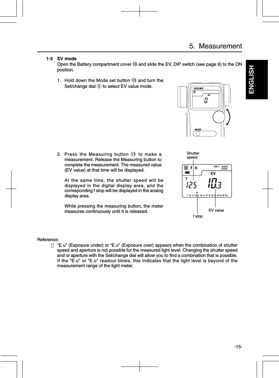 ENGLISH-15-1-3 EV modeOpen the Battery compartment cover !6 and slide the EV, DIP switch (see page 9) to the ONposition.1. Hold down the Mode set button !0 and turn theSet/change dial t to select EV value mode.2. Press the Measuring button !5 to make ameasurement. Release the Measuring button tocomplete the measurement. The measured value(EV value) at that time will be displayed.At the same time, the shutter speed will bedisplayed in the digital display area, and thecorresponding f stop will be displayed in the analogdisplay area.While pressing the measuring button, the metermeasures continuously until it is released.Reference:・“E.u” (Exposure under) or “E.o” (Exposure over) appears when the combination of shutterspeed and aperture is not possible for the measured light level. Changing the shutter speedand or aperture with the Set/change dial will allow you to find a combination that is possible.If the “E.u” or “E.o” readout blinks, this indicates that the light level is beyond of themeasurement range of the light meter. f stopShutterspeedEV value5.  MeasurementMODE