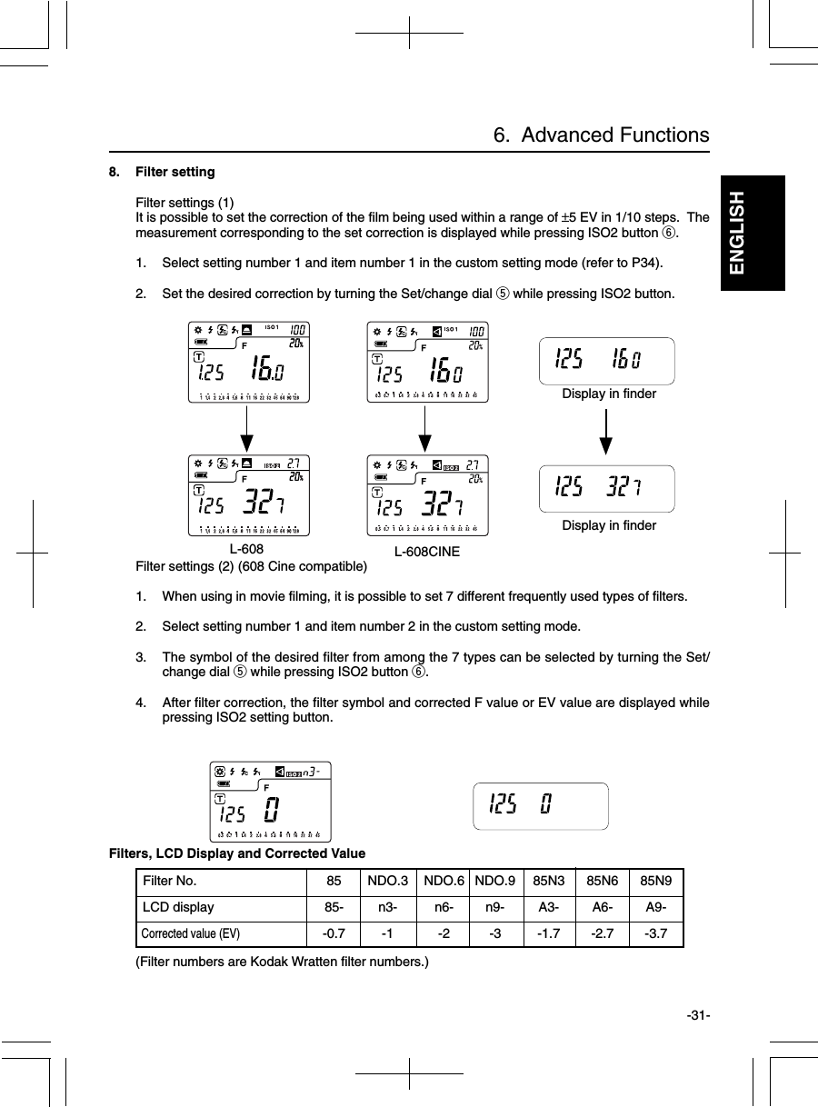 ENGLISH-31-6.  Advanced Functions8. Filter settingFilter settings (1)It is possible to set the correction of the film being used within a range of ±5 EV in 1/10 steps.  Themeasurement corresponding to the set correction is displayed while pressing ISO2 button y.1. Select setting number 1 and item number 1 in the custom setting mode (refer to P34).2. Set the desired correction by turning the Set/change dial t while pressing ISO2 button.Filter settings (2) (608 Cine compatible)1. When using in movie filming, it is possible to set 7 different frequently used types of filters.2. Select setting number 1 and item number 2 in the custom setting mode.3. The symbol of the desired filter from among the 7 types can be selected by turning the Set/change dial t while pressing ISO2 button y.4. After filter correction, the filter symbol and corrected F value or EV value are displayed whilepressing ISO2 setting button.Filters, LCD Display and Corrected Value  Filter No. 85 NDO.3 NDO.6 NDO.9 85N3 85N6 85N9  LCD display 85- n3- n6- n9- A3- A6- A9-  Corrected value (EV)-0.7 -1 -2 -3 -1.7 -2.7 -3.7(Filter numbers are Kodak Wratten filter numbers.)Display in finderDisplay in finderL-608 L-608CINE