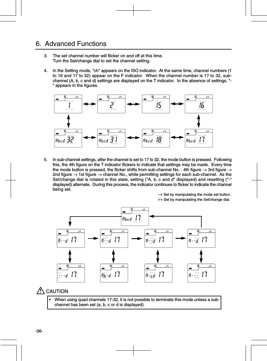 -36-CAUTION• When using quad channels 17-32, it is not possible to terminate this mode unless a sub-channel has been set (a, b, c or d is displayed).6.  Advanced Functions3. The set channel number will flicker on and off at this time.Turn the Set/change dial to set the channel setting.4. In the Setting mode, &quot;ch&quot; appears on the ISO indicator.  At the same time, channel numbers (1to 16 and 17 to 32) appear on the F indicator.  When the channel number is 17 to 32, sub-channel (A, b, c and d) settings are displayed on the T indicator.  In the absence of settings, &quot;-&quot; appears in the figures.5. In sub-channel settings, after the channel is set to 17 to 32, the mode button is pressed.  Followingthis, the 4th figure on the T indicator flickers to indicate that settings may be made.  Every timethe mode button is pressed, the flicker shifts from sub-channel No. : 4th figure → 3rd figure →2nd figure → 1st figure → channel No., while permitting settings for each sub-channel.  As theSet/change dial is rotated in this state, setting (&quot;A, b, c and d&quot; displayed) and resetting (&quot;-&quot;displayed) alternate.  During this process, the indicator continues to flicker to indicate the channelbeing set.→ Set by manipulating the mode set button.↔ Set by manipulating the Set/change dial.