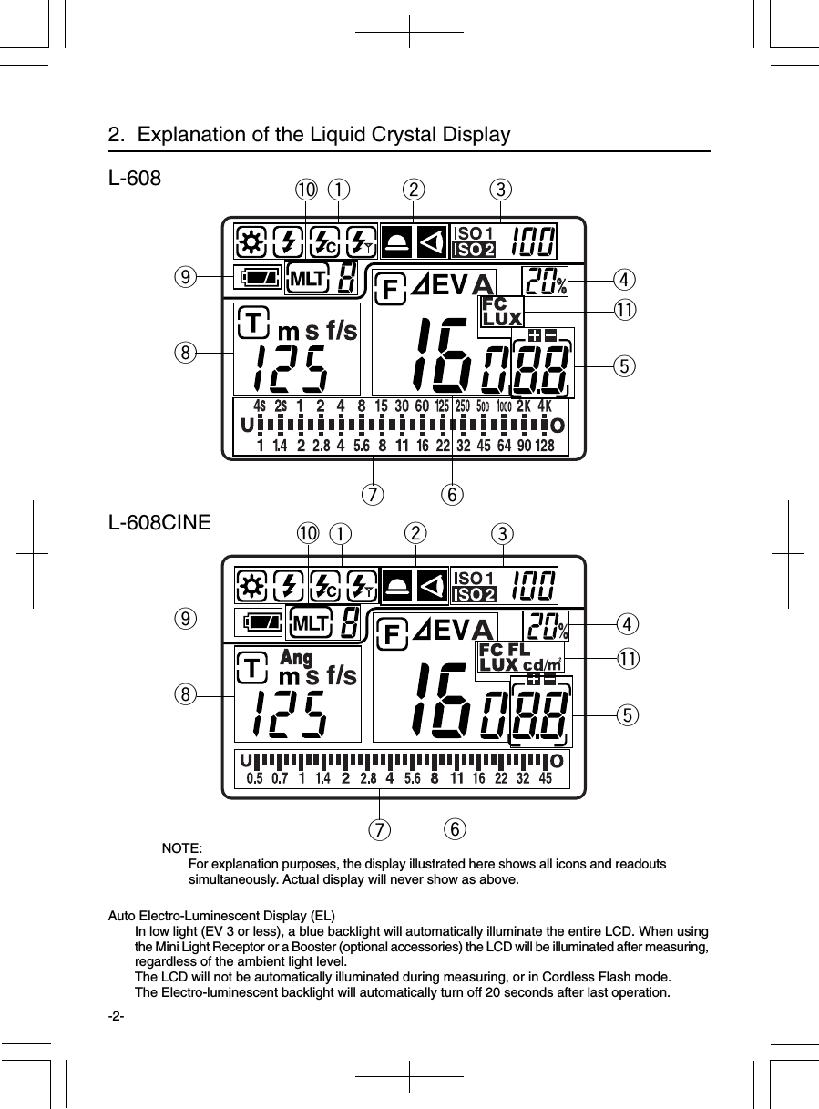 -2-2.  Explanation of the Liquid Crystal DisplayAuto Electro-Luminescent Display (EL)In low light (EV 3 or less), a blue backlight will automatically illuminate the entire LCD. When usingthe Mini Light Receptor or a Booster (optional accessories) the LCD will be illuminated after measuring,regardless of the ambient light level.The LCD will not be automatically illuminated during measuring, or in Cordless Flash mode.The Electro-luminescent backlight will automatically turn off 20 seconds after last operation.NOTE:For explanation purposes, the display illustrated here shows all icons and readoutssimultaneously. Actual display will never show as above.L-608L-608CINEoi!0!1yqrtewu!0 qew!1rtyuoi