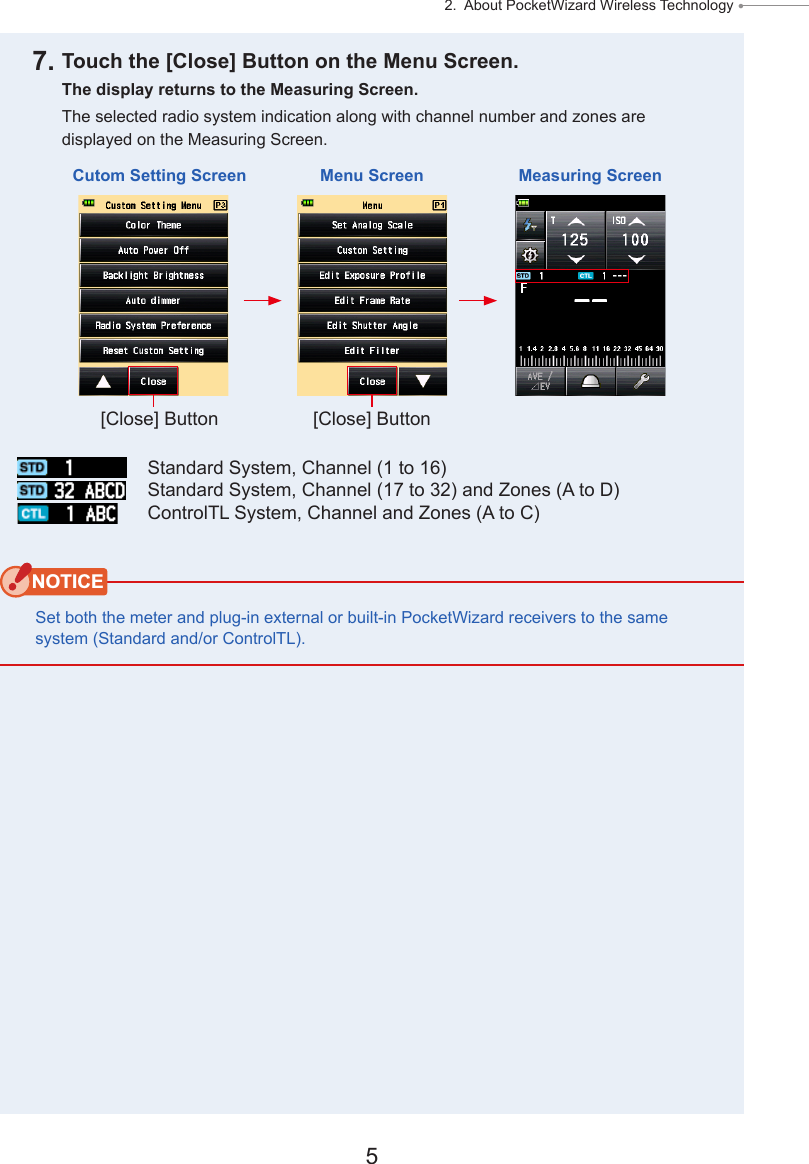 5 2.  About PocketWizard Wireless Technology ● 7. Touch the [Close] Button on the Menu Screen.The display returns to the Measuring Screen.The selected radio system indication along with channel number and zones are displayed on the Measuring Screen.  Standard System, Channel (1 to 16)   Standard System, Channel (17 to 32) and Zones (A to D)  ControlTL System, Channel and Zones (A to C)NOTICESet both the meter and plug-in external or built-in PocketWizard receivers to the same system (Standard and/or ControlTL).Cutom Setting Screen Menu Screen Measuring Screen[Close] Button [Close] Button