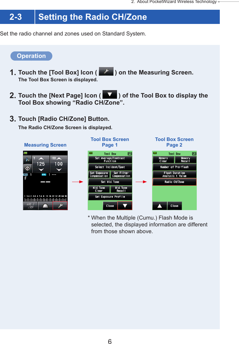 6 2.  About PocketWizard Wireless Technology ● 2-3 Setting the Radio CH/ZoneSet the radio channel and zones used on Standard System.Operation1. Touch the [Tool Box] Icon (   ) on the Measuring Screen.The Tool Box Screen is displayed.2. Touch the [Next Page] Icon (   ) of the Tool Box to display the Tool Box showing “Radio CH/Zone”.3. Touch [Radio CH/Zone] Button.The Radio CH/Zone Screen is displayed.Measuring ScreenTool Box ScreenPage 1Tool Box ScreenPage 2* When the Multiple (Cumu.) Flash Mode is selected, the displayed information are different from those shown above.