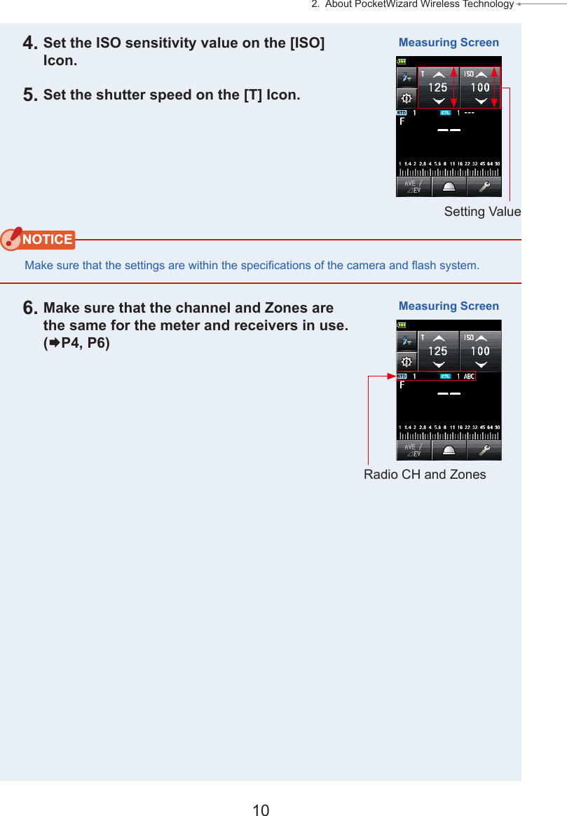 10 2.  About PocketWizard Wireless Technology ● 4. Set the ISO sensitivity value on the [ISO] Icon.5. Set the shutter speed on the [T] Icon.NOTICEMake sure that the settings are within the specications of the camera and ash system.6. Make sure that the channel and Zones are the same for the meter and receivers in use. (P4, P6)Measuring ScreenSetting ValueMeasuring ScreenRadio CH and Zones