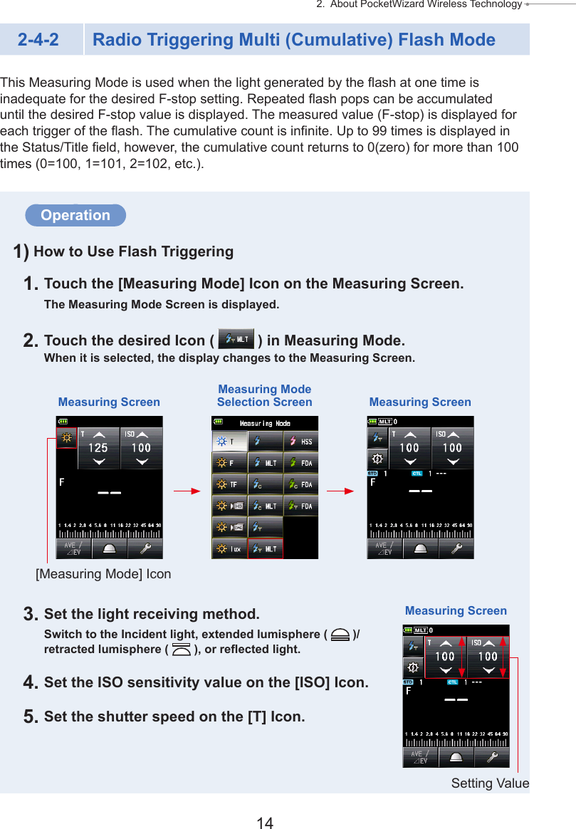 14 2.  About PocketWizard Wireless Technology ● 2-4-2  Radio Triggering Multi (Cumulative) Flash ModeThis Measuring Mode is used when the light generated by the ash at one time is inadequate for the desired F-stop setting. Repeated ash pops can be accumulated until the desired F-stop value is displayed. The measured value (F-stop) is displayed for each trigger of the ash. The cumulative count is innite. Up to 99 times is displayed in the Status/Title eld, however, the cumulative count returns to 0(zero) for more than 100 times (0=100, 1=101, 2=102, etc.).Operation1) How to Use Flash Triggering1. Touch the [Measuring Mode] Icon on the Measuring Screen.The Measuring Mode Screen is displayed.2. Touch the desired Icon (   ) in Measuring Mode.When it is selected, the display changes to the Measuring Screen.3. Set the light receiving method.Switch to the Incident light, extended lumisphere (   )/retracted lumisphere (   ), or reected light.4. Set the ISO sensitivity value on the [ISO] Icon.5. Set the shutter speed on the [T] Icon.Measuring ScreenMeasuring Mode Selection Screen Measuring Screen[Measuring Mode] IconMeasuring ScreenSetting Value