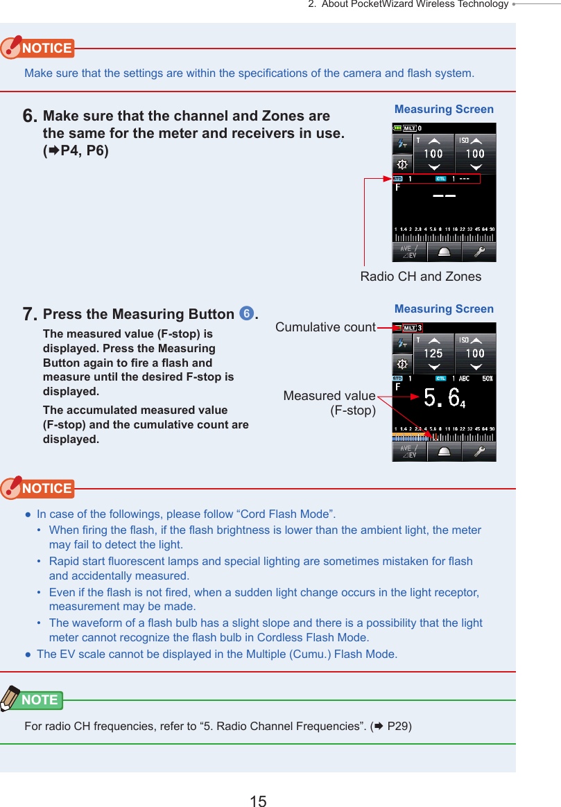 15 2.  About PocketWizard Wireless Technology ● NOTICEMake sure that the settings are within the specications of the camera and ash system. 6. Make sure that the channel and Zones are the same for the meter and receivers in use. (P4, P6)7. Press the Measuring Button 6.The measured value (F-stop) is displayed. Press the Measuring Button again to re a ash and measure until the desired F-stop is displayed.The accumulated measured value (F-stop) and the cumulative count are displayed.NOTICE ● In case of the followings, please follow “Cord Flash Mode”.•  When ring the ash, if the ash brightness is lower than the ambient light, the meter may fail to detect the light.•  Rapid start uorescent lamps and special lighting are sometimes mistaken for ash and accidentally measured.•  Even if the ash is not red, when a sudden light change occurs in the light receptor, measurement may be made.•  The waveform of a ash bulb has a slight slope and there is a possibility that the light meter cannot recognize the ash bulb in Cordless Flash Mode. ● The EV scale cannot be displayed in the Multiple (Cumu.) Flash Mode.NOTEFor radio CH frequencies, refer to “5. Radio Channel Frequencies”. ( P29)Measuring ScreenMeasuring ScreenRadio CH and ZonesMeasured value (F-stop)Cumulative count