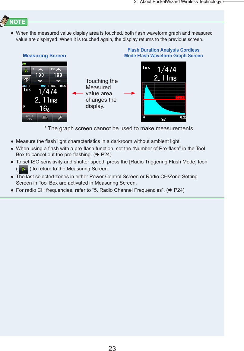 23 2.  About PocketWizard Wireless Technology ● NOTE ● When the measured value display area is touched, both ash waveform graph and measured value are displayed. When it is touched again, the display returns to the previous screen. ● Measure the ash light characteristics in a darkroom without ambient light.  ● When using a ash with a pre-ash function, set the “Number of Pre-ash” in the Tool Box to cancel out the pre-ashing. ( P24)  ● To set ISO sensitivity and shutter speed, press the [Radio Triggering Flash Mode] Icon (   ) to return to the Measuring Screen. ● The last selected zones in either Power Control Screen or Radio CH/Zone Setting Screen in Tool Box are activated in Measuring Screen. ● For radio CH frequencies, refer to “5. Radio Channel Frequencies”. ( P24)Measuring ScreenFlash Duration Analysis Cordless Mode Flash Waveform Graph ScreenTouching the Measured value area changes the display.* The graph screen cannot be used to make measurements.