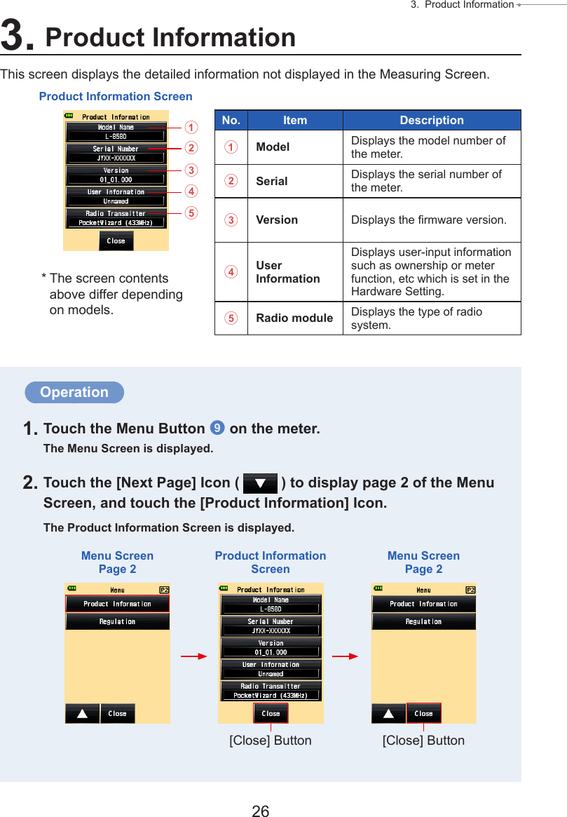 26 3.  Product Information ● Operation1. Touch the Menu Button 9 on the meter.The Menu Screen is displayed.2. Touch the [Next Page] Icon (   ) to display page 2 of the Menu Screen, and touch the [Product Information] Icon.The Product Information Screen is displayed.3. Product InformationThis screen displays the detailed information not displayed in the Measuring Screen.Product Information Screen12345No. Item Description1Model Displays the model number of the meter.2Serial Displays the serial number of the meter.3Version Displays the rmware version.4User InformationDisplays user-input information such as ownership or meter function, etc which is set in the Hardware Setting.5Radio module Displays the type of radio system.* The screen contents above differ depending on models.Menu ScreenPage 2Product Information ScreenMenu ScreenPage 2[Close] Button [Close] Button