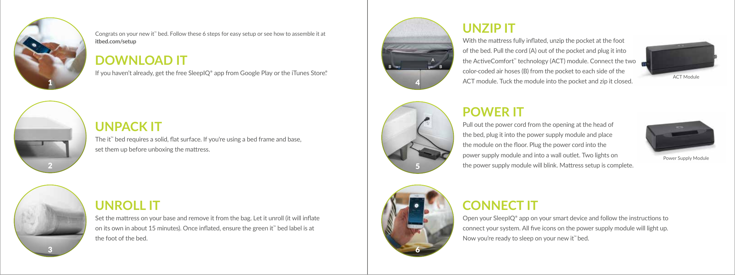 ACT ModuleUNZIP ITWith the maress fully inated, unzip the pocket at the foot  of the bed. Pull the cord (A) out of the pocket and plug it into the AcveComfort™ technology (ACT) module. Connect the two color-coded air hoses (B) from the pocket to each side of the ACT module. Tuck the module into the pocket and zip it closed.POWER ITPull out the power cord from the opening at the head of  the bed, plug it into the power supply module and place  the module on the oor. Plug the power cord into the  power supply module and into a wall outlet. Two lights on  the power supply module will blink. Maress setup is complete.CONNECT ITOpen your SleepIQ� app on your smart device and follow the instrucons to connect your system. All ve icons on the power supply module will light up. Now you’re ready to sleep on your new it™ bed.Congrats on your new it™ bed. Follow these 6 steps for easy setup or see how to assemble it at  itbed.com/setupDOWNLOAD ITIf you haven’t already, get the free SleepIQ� app from Google Play or the iTunes Store.�Power Supply ModuleABB1 456UNPACK ITThe it™ bed requires a solid, at surface. If you’re using a bed frame and base, set them up before unboxing the maress.UNROLL ITSet the maress on your base and remove it from the bag. Let it unroll (it will inate on its own in about 15 minutes). Once inated, ensure the green it™ bed label is at the foot of the bed.23