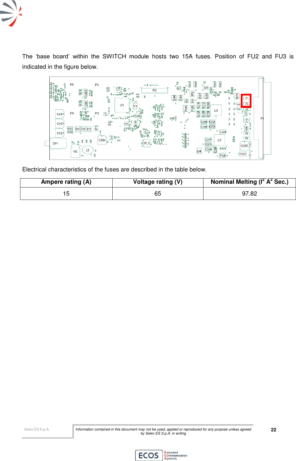  Selex ES S.p.A. Information contained in this document may not be used, applied or reproduced for any purpose unless agreed by Selex ES S.p.A. in writing 22       The  ‘base  board’  within  the  SWITCH  module  hosts  two  15A  fuses.  Position  of  FU2  and  FU3  is indicated in the figure below.  Electrical characteristics of the fuses are described in the table below. Ampere rating (A) Voltage rating (V) Nominal Melting (I2 A2 Sec.) 15 65 97.82   