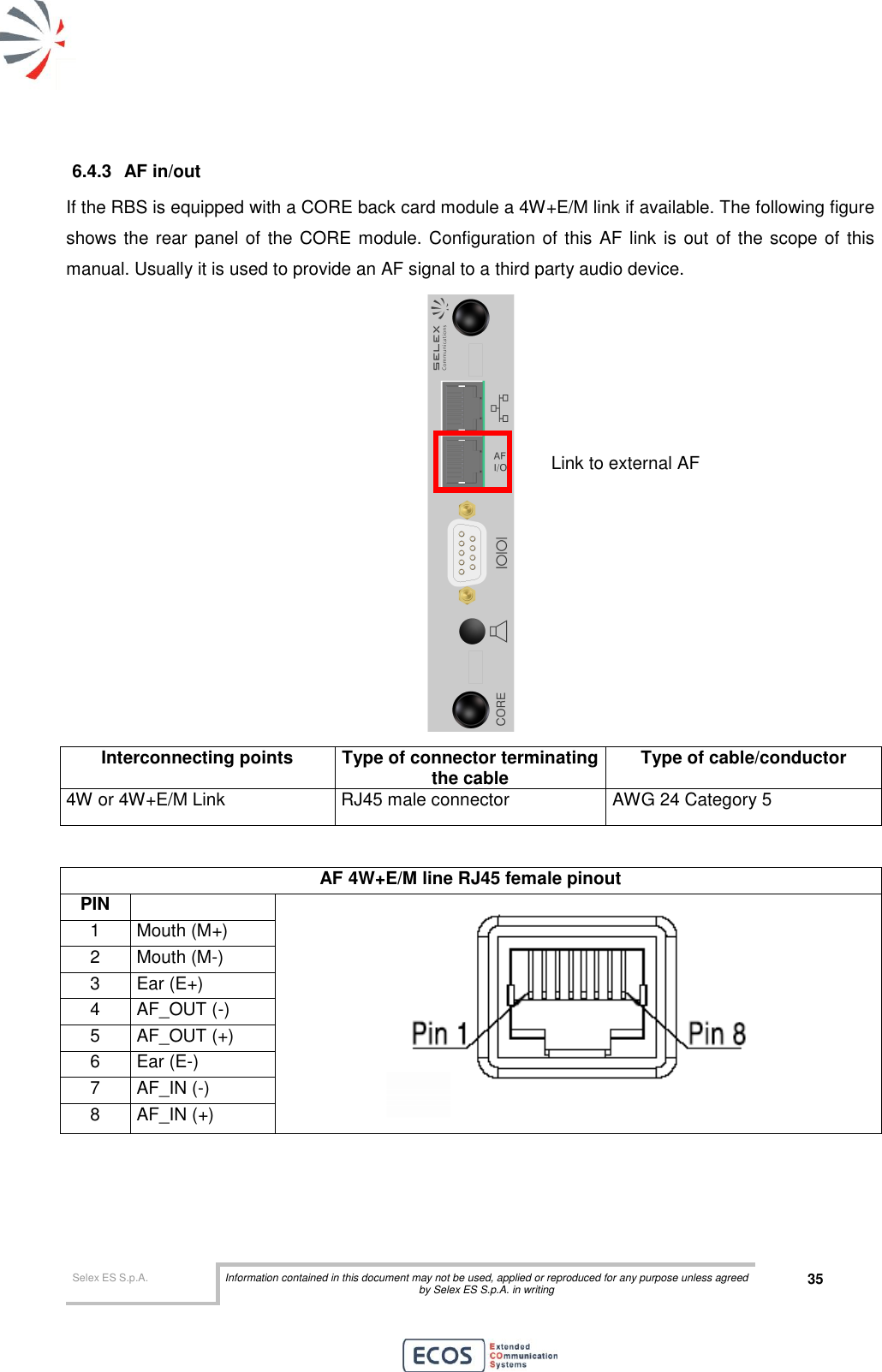  Selex ES S.p.A. Information contained in this document may not be used, applied or reproduced for any purpose unless agreed by Selex ES S.p.A. in writing 35       6.4.3  AF in/out If the RBS is equipped with a CORE back card module a 4W+E/M link if available. The following figure shows the rear panel of the CORE module. Configuration of this AF link is out of the scope of this manual. Usually it is used to provide an AF signal to a third party audio device.  Interconnecting points Type of connector terminating the cable Type of cable/conductor 4W or 4W+E/M Link RJ45 male connector AWG 24 Category 5   AF 4W+E/M line RJ45 female pinout PIN   1 Mouth (M+) 2 Mouth (M-) 3 Ear (E+) 4 AF_OUT (-) 5 AF_OUT (+) 6 Ear (E-) 7 AF_IN (-) 8 AF_IN (+)  Link to external AF 