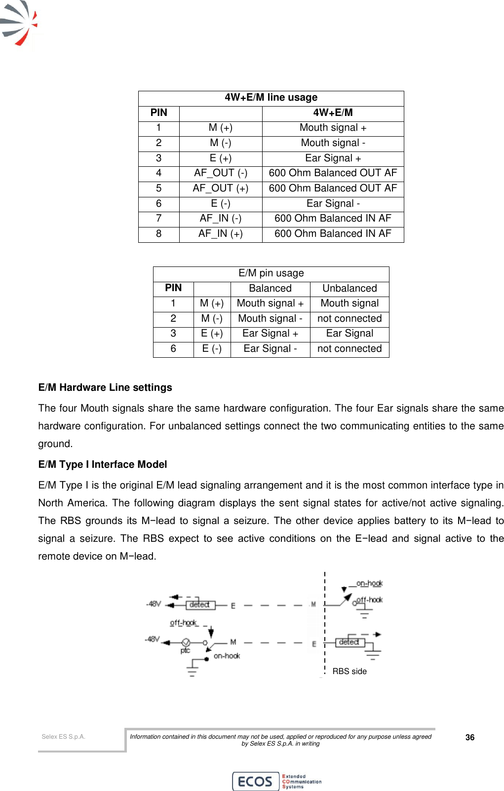  Selex ES S.p.A. Information contained in this document may not be used, applied or reproduced for any purpose unless agreed by Selex ES S.p.A. in writing 36       4W+E/M line usage PIN  4W+E/M 1 M (+) Mouth signal + 2 M (-) Mouth signal - 3 E (+) Ear Signal + 4 AF_OUT (-) 600 Ohm Balanced OUT AF 5 AF_OUT (+) 600 Ohm Balanced OUT AF 6 E (-) Ear Signal - 7 AF_IN (-) 600 Ohm Balanced IN AF 8 AF_IN (+) 600 Ohm Balanced IN AF  E/M pin usage PIN  Balanced Unbalanced 1 M (+) Mouth signal + Mouth signal 2 M (-) Mouth signal - not connected 3 E (+) Ear Signal + Ear Signal 6 E (-) Ear Signal - not connected  E/M Hardware Line settings The four Mouth signals share the same hardware configuration. The four Ear signals share the same hardware configuration. For unbalanced settings connect the two communicating entities to the same ground. E/M Type I Interface Model E/M Type I is the original E/M lead signaling arrangement and it is the most common interface type in North America. The following diagram displays the sent signal states for active/not active signaling. The  RBS  grounds  its  M−lead  to  signal  a  seizure.  The  other  device  applies  battery  to  its  M−lead  to signal  a  seizure.  The  RBS  expect  to  see  active  conditions  on  the  E−lead  and  signal  active  to  the remote device on M−lead.   RBS side 