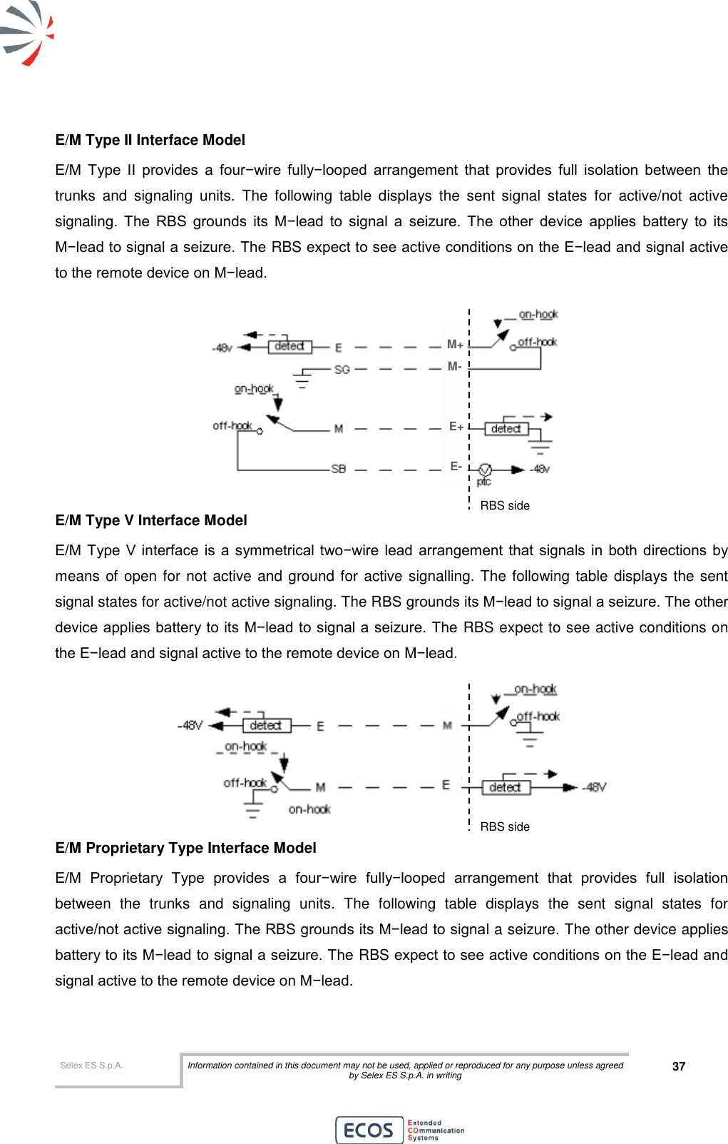  Selex ES S.p.A. Information contained in this document may not be used, applied or reproduced for any purpose unless agreed by Selex ES S.p.A. in writing 37       E/M Type II Interface Model E/M  Type  II  provides  a  four−wire  fully−looped  arrangement  that  provides  full  isolation  between  the trunks  and  signaling  units.  The  following  table  displays  the  sent  signal  states  for  active/not  active signaling.  The  RBS  grounds  its  M−lead  to  signal  a  seizure.  The  other  device  applies  battery  to  its M−lead to signal a seizure. The RBS expect to see active conditions on the E−lead and signal active to the remote device on M−lead.   E/M Type V Interface Model E/M Type V interface  is  a  symmetrical two−wire  lead  arrangement  that  signals  in both  directions  by means of open for not active and ground for active signalling. The following table displays the sent signal states for active/not active signaling. The RBS grounds its M−lead to signal a seizure. The other device applies battery to its M−lead to signal a seizure. The RBS expect to see active conditions on the E−lead and signal active to the remote device on M−lead.  E/M Proprietary Type Interface Model E/M  Proprietary  Type  provides  a  four−wire  fully−looped  arrangement  that  provides  full  isolation between  the  trunks  and  signaling  units.  The  following  table  displays  the  sent  signal  states  for active/not active signaling. The RBS grounds its M−lead to signal a seizure. The other device applies battery to its M−lead to signal a seizure. The RBS expect to see active conditions on the E−lead and signal active to the remote device on M−lead. M+ M- E+ E- RBS side RBS side 