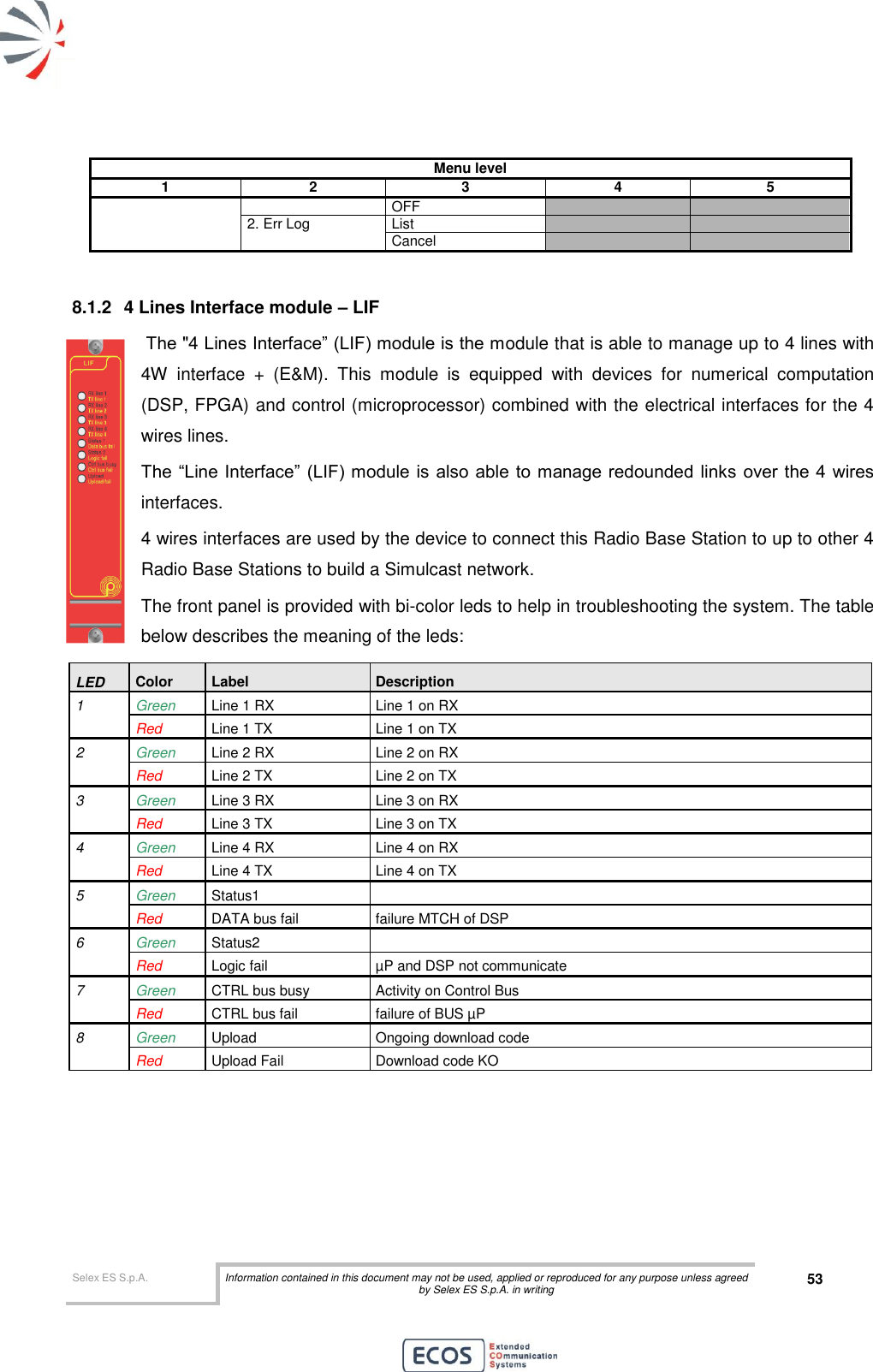  Selex ES S.p.A. Information contained in this document may not be used, applied or reproduced for any purpose unless agreed by Selex ES S.p.A. in writing 53       Menu level 1 2 3 4 5 OFF   2. Err Log List   Cancel    8.1.2  4 Lines Interface module – LIF  The &quot;4 Lines Interface” (LIF) module is the module that is able to manage up to 4 lines with 4W  interface  +  (E&amp;M).  This  module  is  equipped  with  devices  for  numerical  computation (DSP, FPGA) and control (microprocessor) combined with the electrical interfaces for the 4 wires lines. The  “Line Interface” (LIF) module is also able to manage redounded  links  over  the 4 wires interfaces.  4 wires interfaces are used by the device to connect this Radio Base Station to up to other 4 Radio Base Stations to build a Simulcast network. The front panel is provided with bi-color leds to help in troubleshooting the system. The table below describes the meaning of the leds: LED Color Label Description 1 Green Line 1 RX  Line 1 on RX  Red Line 1 TX Line 1 on TX 2 Green Line 2 RX  Line 2 on RX  Red Line 2 TX Line 2 on TX 3 Green Line 3 RX  Line 3 on RX  Red Line 3 TX Line 3 on TX 4 Green Line 4 RX  Line 4 on RX  Red Line 4 TX Line 4 on TX 5 Green Status1   Red DATA bus fail failure MTCH of DSP 6 Green Status2   Red Logic fail µP and DSP not communicate 7 Green CTRL bus busy Activity on Control Bus  Red CTRL bus fail failure of BUS µP 8 Green Upload  Ongoing download code   Red Upload Fail Download code KO     