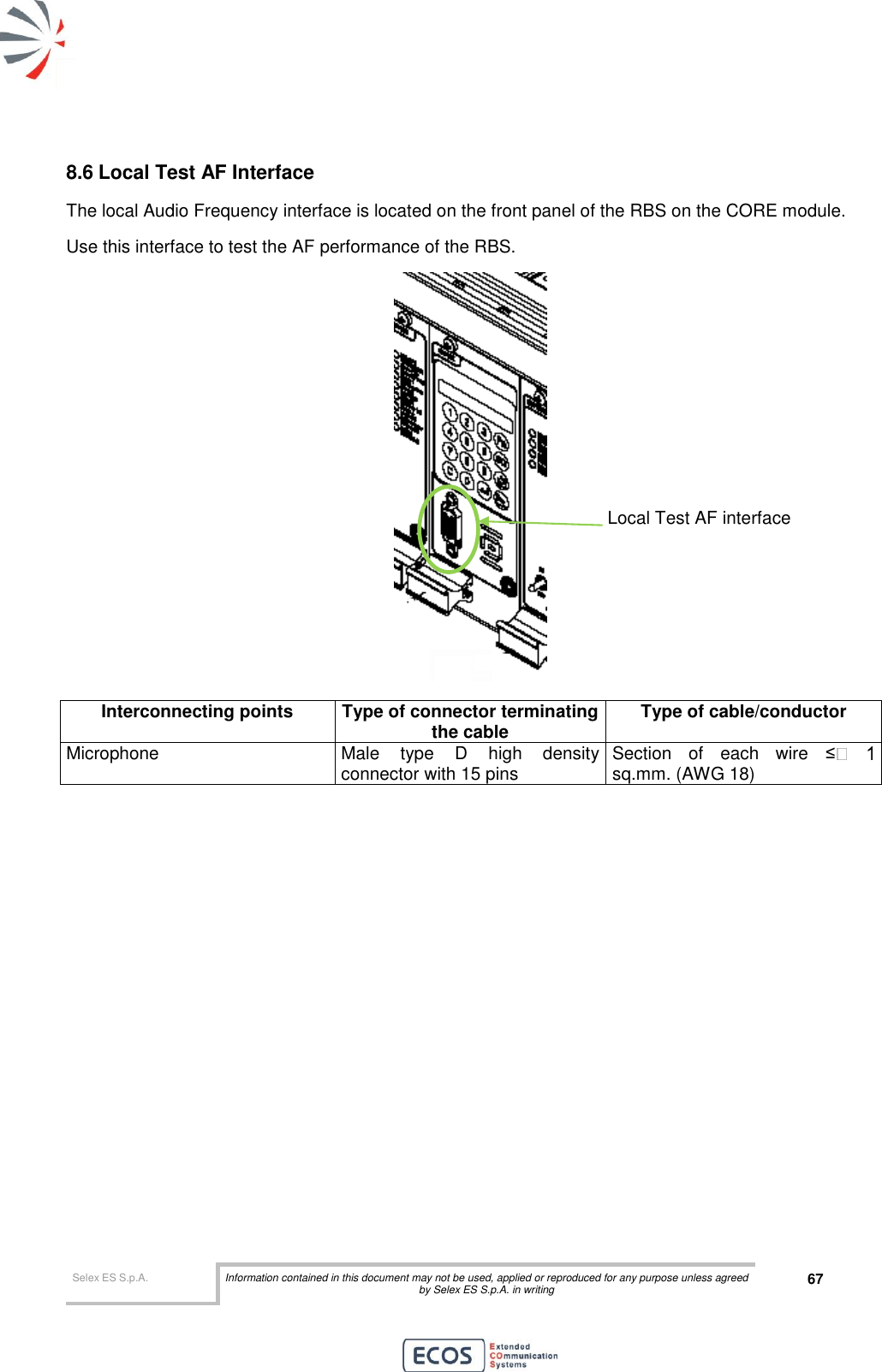  Selex ES S.p.A. Information contained in this document may not be used, applied or reproduced for any purpose unless agreed by Selex ES S.p.A. in writing 67       8.6 Local Test AF Interface The local Audio Frequency interface is located on the front panel of the RBS on the CORE module.  Use this interface to test the AF performance of the RBS.  Interconnecting points Type of connector terminating the cable Type of cable/conductor Microphone Male  type  D  high  density connector with 15 pins  Section  of  each  wire  ≤sq.mm. (AWG 18)  Local Test AF interface 