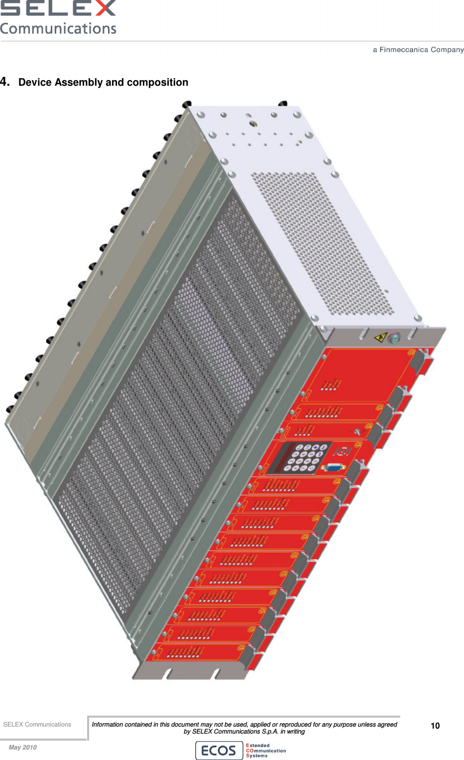  SELEX Communications  Information contained in this document may not be used, applied or reproduced for any purpose unless agreed by SELEX Communications S.p.A. in writing 10    May 2010    4.  Device Assembly and composition  