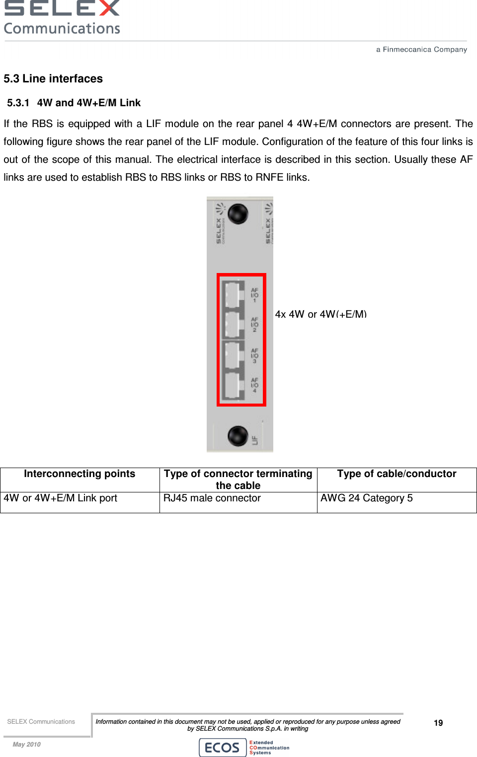  SELEX Communications  Information contained in this document may not be used, applied or reproduced for any purpose unless agreed by SELEX Communications S.p.A. in writing 19    May 2010    5.3 Line interfaces 5.3.1  4W and 4W+E/M Link If the RBS is equipped with a  LIF module on the rear panel 4 4W+E/M connectors are present. The following figure shows the rear panel of the LIF module. Configuration of the feature of this four links is out of the scope of this manual. The electrical interface is described in this section. Usually these AF links are used to establish RBS to RBS links or RBS to RNFE links.     Interconnecting points  Type of connector terminating the cable Type of cable/conductor 4W or 4W+E/M Link port  RJ45 male connector  AWG 24 Category 5    4x 4W or 4W(+E/M) 