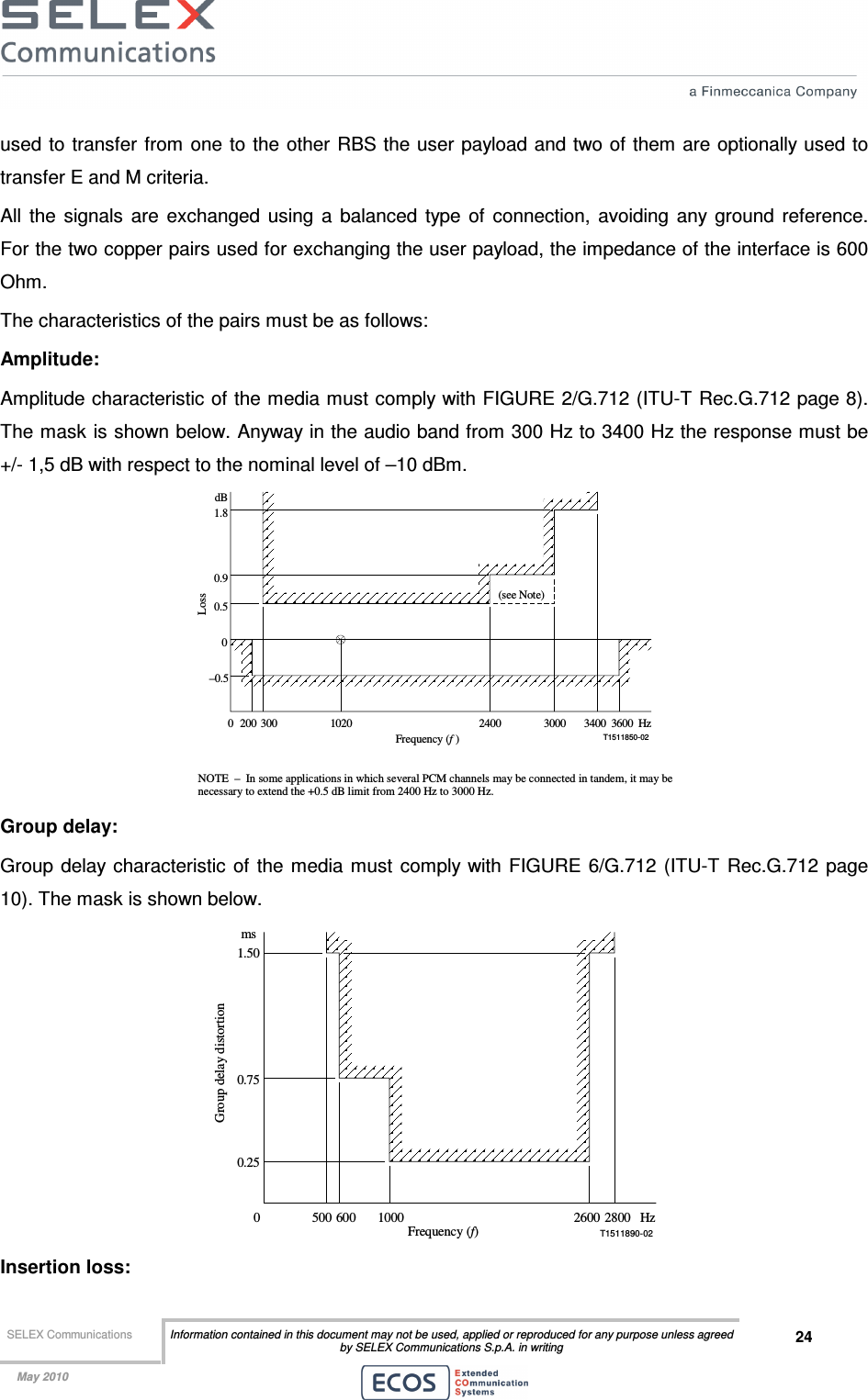  SELEX Communications  Information contained in this document may not be used, applied or reproduced for any purpose unless agreed by SELEX Communications S.p.A. in writing 24    May 2010    used to  transfer  from  one to  the other RBS the user payload and two of them are optionally used to transfer E and M criteria. All  the  signals  are  exchanged  using  a  balanced  type  of  connection,  avoiding  any  ground  reference. For the two copper pairs used for exchanging the user payload, the impedance of the interface is 600 Ohm. The characteristics of the pairs must be as follows: Amplitude: Amplitude characteristic of the media must comply with FIGURE 2/G.712 (ITU-T Rec.G.712 page 8). The mask is shown below. Anyway in the audio band from 300 Hz to 3400 Hz the response must be +/- 1,5 dB with respect to the nominal level of –10 dBm. 0 200 300 1020 2400 3000 3400 3600 HzdBT1511850-020–0.50.50.91.8Loss(see Note)Frequency (f )NOTE  –  In some applications in which several PCM channels may be connected in tandem, it may benecessary to extend the +0.5 dB limit from 2400 Hz to 3000 Hz.  Group delay: Group  delay characteristic  of  the  media  must  comply with  FIGURE  6/G.712 (ITU-T  Rec.G.712 page 10). The mask is shown below. 1000 2600 Hzms0T1511890-02500 600 28000.250.751.50Group delay distortionFrequency (f) Insertion loss: 