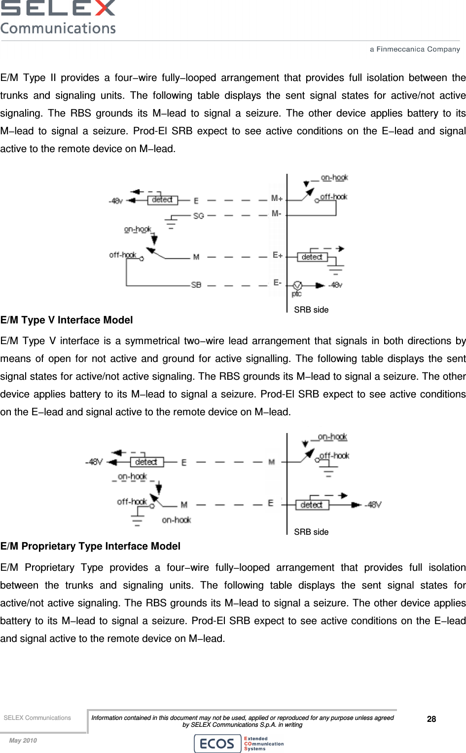  SELEX Communications  Information contained in this document may not be used, applied or reproduced for any purpose unless agreed by SELEX Communications S.p.A. in writing 28    May 2010    E/M  Type  II  provides  a  four−wire  fully−looped  arrangement  that  provides  full  isolation  between  the trunks  and  signaling  units.  The  following  table  displays  the  sent  signal  states  for  active/not  active signaling.  The  RBS  grounds  its  M−lead  to  signal  a  seizure.  The  other  device  applies  battery  to  its M−lead  to  signal  a  seizure.  Prod-El  SRB  expect  to  see  active  conditions  on  the  E−lead  and  signal active to the remote device on M−lead.   E/M Type V Interface Model E/M  Type V interface  is  a  symmetrical  two−wire lead arrangement  that  signals  in  both  directions  by means  of  open  for  not  active  and  ground  for  active  signalling.  The  following  table  displays  the  sent signal states for active/not active signaling. The RBS grounds its M−lead to signal a seizure. The other device applies battery to its M−lead to signal a seizure. Prod-El SRB expect to see active conditions on the E−lead and signal active to the remote device on M−lead.  E/M Proprietary Type Interface Model E/M  Proprietary  Type  provides  a  four−wire  fully−looped  arrangement  that  provides  full  isolation between  the  trunks  and  signaling  units.  The  following  table  displays  the  sent  signal  states  for active/not active signaling. The RBS grounds its M−lead to signal a seizure. The other device applies battery to  its M−lead to  signal a  seizure. Prod-El SRB expect to see active conditions on the E−lead and signal active to the remote device on M−lead. M+ M- E+ E- SRB side SRB side 