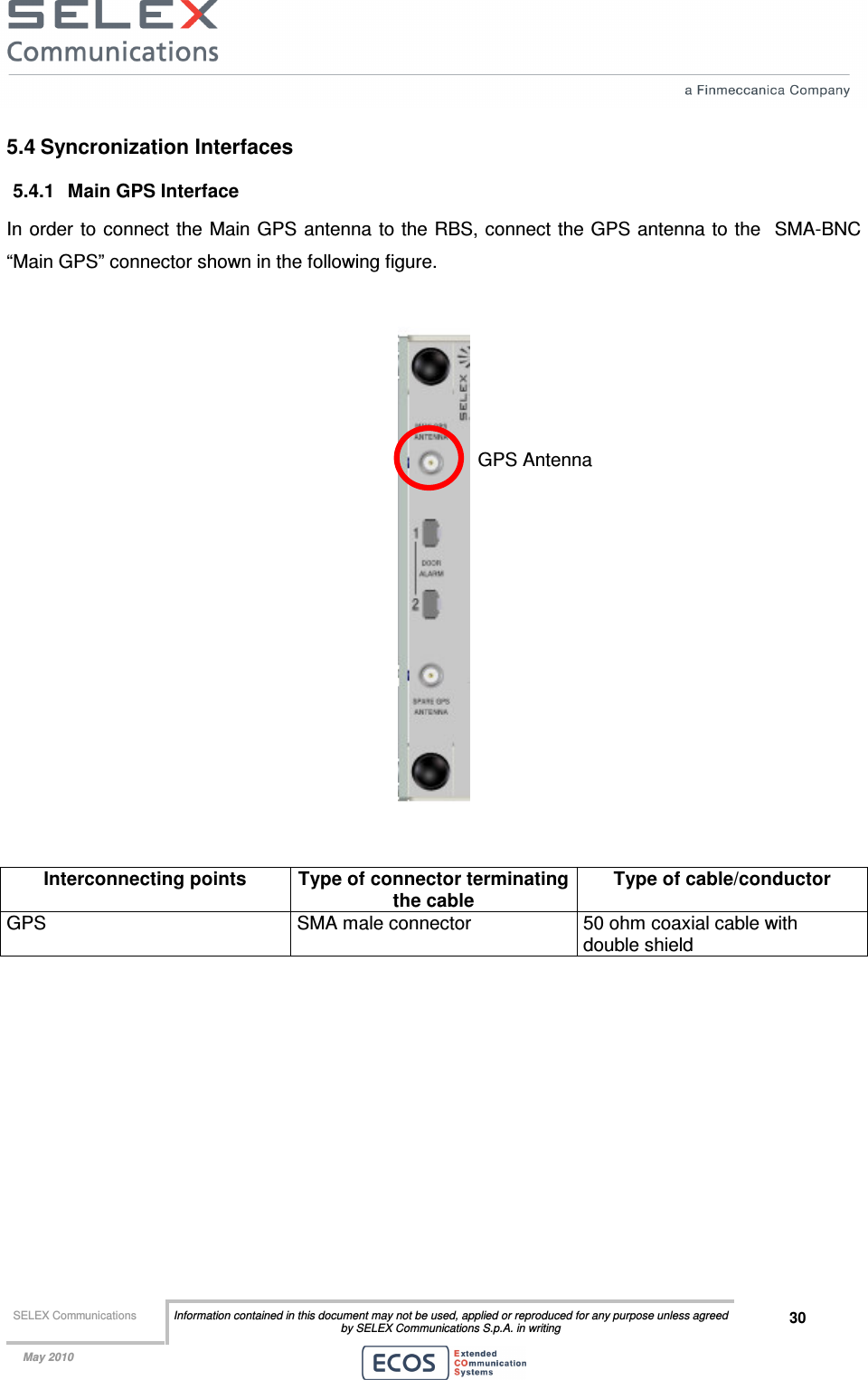  SELEX Communications  Information contained in this document may not be used, applied or reproduced for any purpose unless agreed by SELEX Communications S.p.A. in writing 30    May 2010    5.4 Syncronization Interfaces 5.4.1  Main GPS Interface In order  to connect the Main GPS antenna to the RBS, connect the GPS antenna to the  SMA-BNC “Main GPS” connector shown in the following figure.     Interconnecting points  Type of connector terminating the cable Type of cable/conductor GPS  SMA male connector  50 ohm coaxial cable with double shield  GPS Antenna 