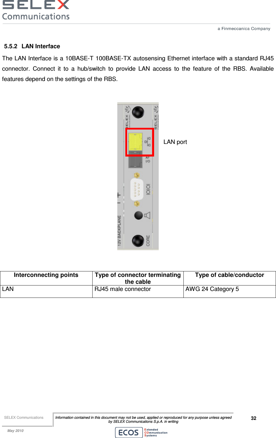  SELEX Communications  Information contained in this document may not be used, applied or reproduced for any purpose unless agreed by SELEX Communications S.p.A. in writing 32    May 2010    5.5.2  LAN Interface The LAN Interface is a 10BASE-T 100BASE-TX autosensing Ethernet interface with a standard RJ45 connector.  Connect  it  to  a  hub/switch  to  provide  LAN  access  to  the  feature  of  the  RBS.  Available features depend on the settings of the RBS.     Interconnecting points  Type of connector terminating the cable Type of cable/conductor LAN  RJ45 male connector  AWG 24 Category 5   LAN port 