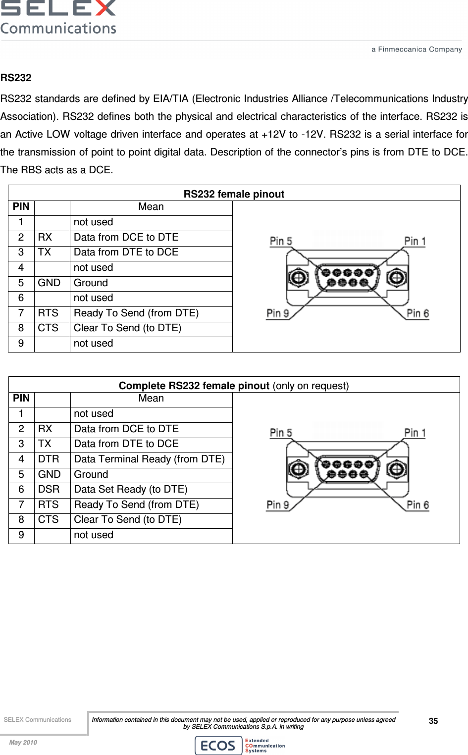  SELEX Communications  Information contained in this document may not be used, applied or reproduced for any purpose unless agreed by SELEX Communications S.p.A. in writing 35    May 2010    RS232 RS232 standards are defined by EIA/TIA (Electronic Industries Alliance /Telecommunications Industry Association). RS232 defines both the physical and electrical characteristics of the interface. RS232 is an Active LOW voltage driven interface and operates at +12V to -12V. RS232 is a serial interface for the transmission of point to point digital data. Description of the connector’s pins is from DTE to DCE. The RBS acts as a DCE. RS232 female pinout PIN  Mean 1    not used 2  RX  Data from DCE to DTE 3  TX  Data from DTE to DCE 4    not used 5  GND  Ground 6    not used 7  RTS  Ready To Send (from DTE) 8  CTS  Clear To Send (to DTE) 9    not used   Complete RS232 female pinout (only on request) PIN  Mean 1    not used 2  RX  Data from DCE to DTE 3  TX  Data from DTE to DCE 4  DTR  Data Terminal Ready (from DTE) 5  GND  Ground 6  DSR  Data Set Ready (to DTE) 7  RTS  Ready To Send (from DTE) 8  CTS  Clear To Send (to DTE) 9    not used   