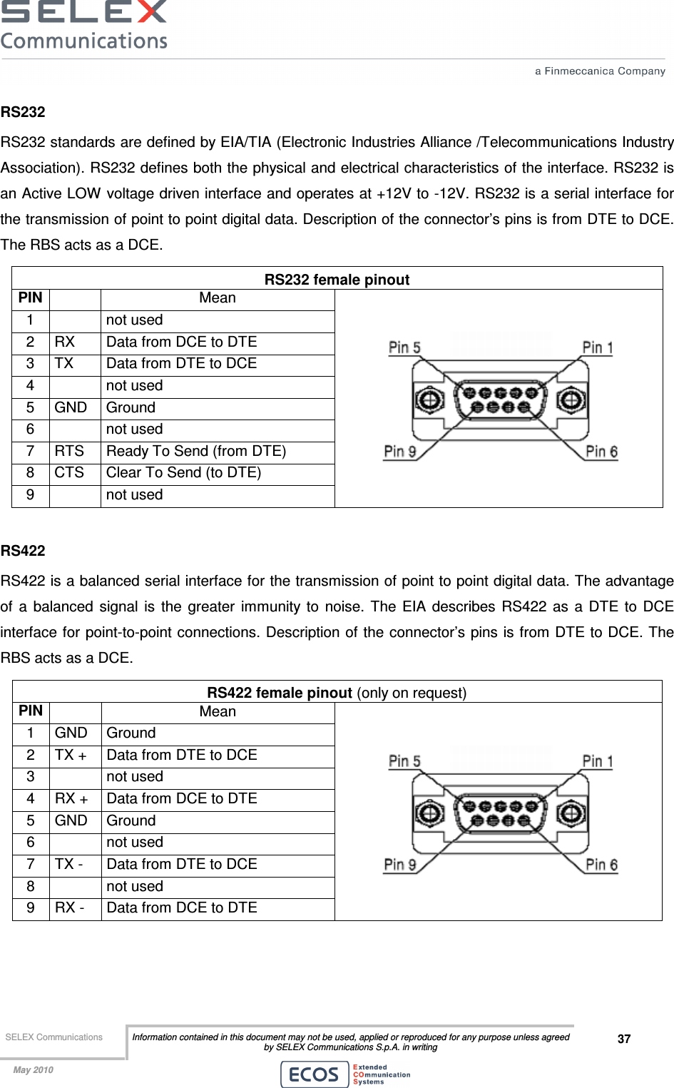  SELEX Communications  Information contained in this document may not be used, applied or reproduced for any purpose unless agreed by SELEX Communications S.p.A. in writing 37    May 2010    RS232 RS232 standards are defined by EIA/TIA (Electronic Industries Alliance /Telecommunications Industry Association). RS232 defines both the physical and electrical characteristics of the interface. RS232 is an Active LOW voltage driven interface and operates at +12V to -12V. RS232 is a serial interface for the transmission of point to point digital data. Description of the connector’s pins is from DTE to DCE. The RBS acts as a DCE. RS232 female pinout PIN  Mean 1    not used 2  RX  Data from DCE to DTE 3  TX  Data from DTE to DCE 4    not used 5  GND  Ground 6    not used 7  RTS  Ready To Send (from DTE) 8  CTS  Clear To Send (to DTE) 9    not used   RS422 RS422 is a balanced serial interface for the transmission of point to point digital data. The advantage of  a  balanced  signal  is  the  greater  immunity  to  noise.  The  EIA  describes  RS422  as  a  DTE  to  DCE interface for point-to-point connections. Description of the connector’s pins is from DTE to DCE. The RBS acts as a DCE. RS422 female pinout (only on request) PIN  Mean 1  GND  Ground 2  TX +  Data from DTE to DCE 3    not used 4  RX +  Data from DCE to DTE 5  GND  Ground 6    not used 7  TX -  Data from DTE to DCE 8    not used 9  RX -  Data from DCE to DTE   