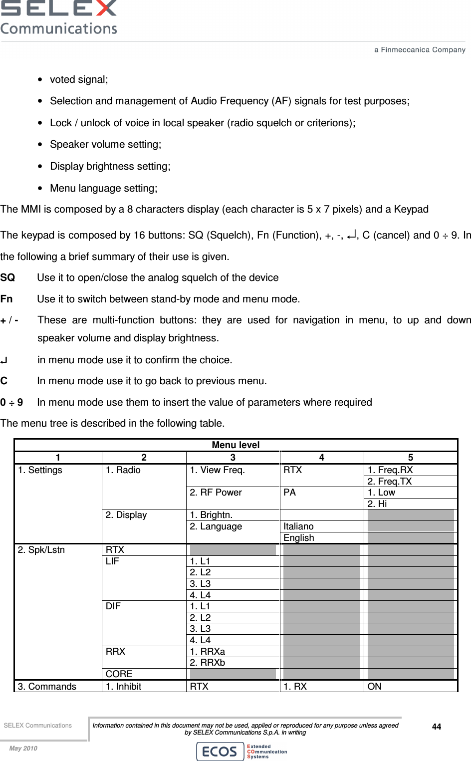  SELEX Communications  Information contained in this document may not be used, applied or reproduced for any purpose unless agreed by SELEX Communications S.p.A. in writing 44    May 2010    •  voted signal; •  Selection and management of Audio Frequency (AF) signals for test purposes; •  Lock / unlock of voice in local speaker (radio squelch or criterions); •  Speaker volume setting;  •  Display brightness setting; •  Menu language setting; The MMI is composed by a 8 characters display (each character is 5 x 7 pixels) and a Keypad The keypad is composed by 16 buttons: SQ (Squelch), Fn (Function), +, -, ↵, C (cancel) and 0 ÷ 9. In the following a brief summary of their use is given. SQ   Use it to open/close the analog squelch of the device Fn  Use it to switch between stand-by mode and menu mode. + / -   These  are  multi-function  buttons:  they  are  used  for  navigation  in  menu,  to  up  and  down speaker volume and display brightness. ↵↵↵↵   in menu mode use it to confirm the choice. C   In menu mode use it to go back to previous menu. 0 ÷ 9   In menu mode use them to insert the value of parameters where required The menu tree is described in the following table. Menu level 1  2  3  4  5 1. Freq.RX 1. View Freq.  RTX 2. Freq.TX 1. Low 1. Radio 2. RF Power  PA 2. Hi 1. Brightn.     Italiano   1. Settings 2. Display 2. Language English   RTX       1. L1     2. L2     3. L3     LIF 4. L4     1. L1     2. L2     3. L3     DIF 4. L4     1. RRXa     RRX 2. RRXb     2. Spk/Lstn CORE       3. Commands  1. Inhibit  RTX  1. RX  ON 