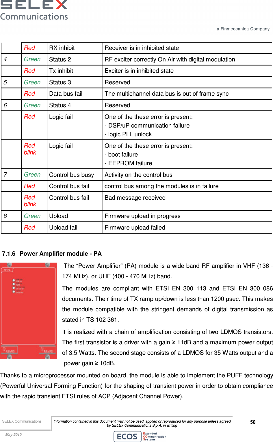  SELEX Communications  Information contained in this document may not be used, applied or reproduced for any purpose unless agreed by SELEX Communications S.p.A. in writing 50    May 2010     Red RX inhibit  Receiver is in inhibited state 4  Green  Status 2  RF exciter correctly On Air with digital modulation  Red Tx inhibit  Exciter is in inhibited state 5  Green  Status 3  Reserved  Red Data bus fail  The multichannel data bus is out of frame sync 6  Green  Status 4  Reserved  Red  Logic fail  One of the these error is present: - DSP/uP communication failure - logic PLL unlock  Red blink Logic fail  One of the these error is present: - boot failure - EEPROM failure 7  Green  Control bus busy  Activity on the control bus  Red  Control bus fail  control bus among the modules is in failure  Red blink Control bus fail  Bad message received 8  Green  Upload  Firmware upload in progress  Red Upload fail  Firmware upload failed  7.1.6  Power Amplifier module - PA  The “Power Amplifier” (PA) module is a wide band RF amplifier in VHF (136 - 174 MHz). or UHF (400 - 470 MHz) band. The  modules  are  compliant  with  ETSI  EN  300  113  and  ETSI  EN  300  086 documents. Their time of TX ramp up/down is less than 1200 µsec. This makes the  module  compatible  with  the  stringent  demands  of  digital  transmission  as stated in TS 102 361. It is realized with a chain of amplification consisting of two LDMOS transistors. The first transistor is a driver with a gain ≥ 11dB and a maximum power output of 3.5 Watts. The second stage consists of a LDMOS for 35 Watts output and a power gain ≥ 10dB. Thanks to a microprocessor mounted on board, the module is able to implement the PUFF technology (Powerful Universal Forming Function) for the shaping of transient power in order to obtain compliance with the rapid transient ETSI rules of ACP (Adjacent Channel Power). 