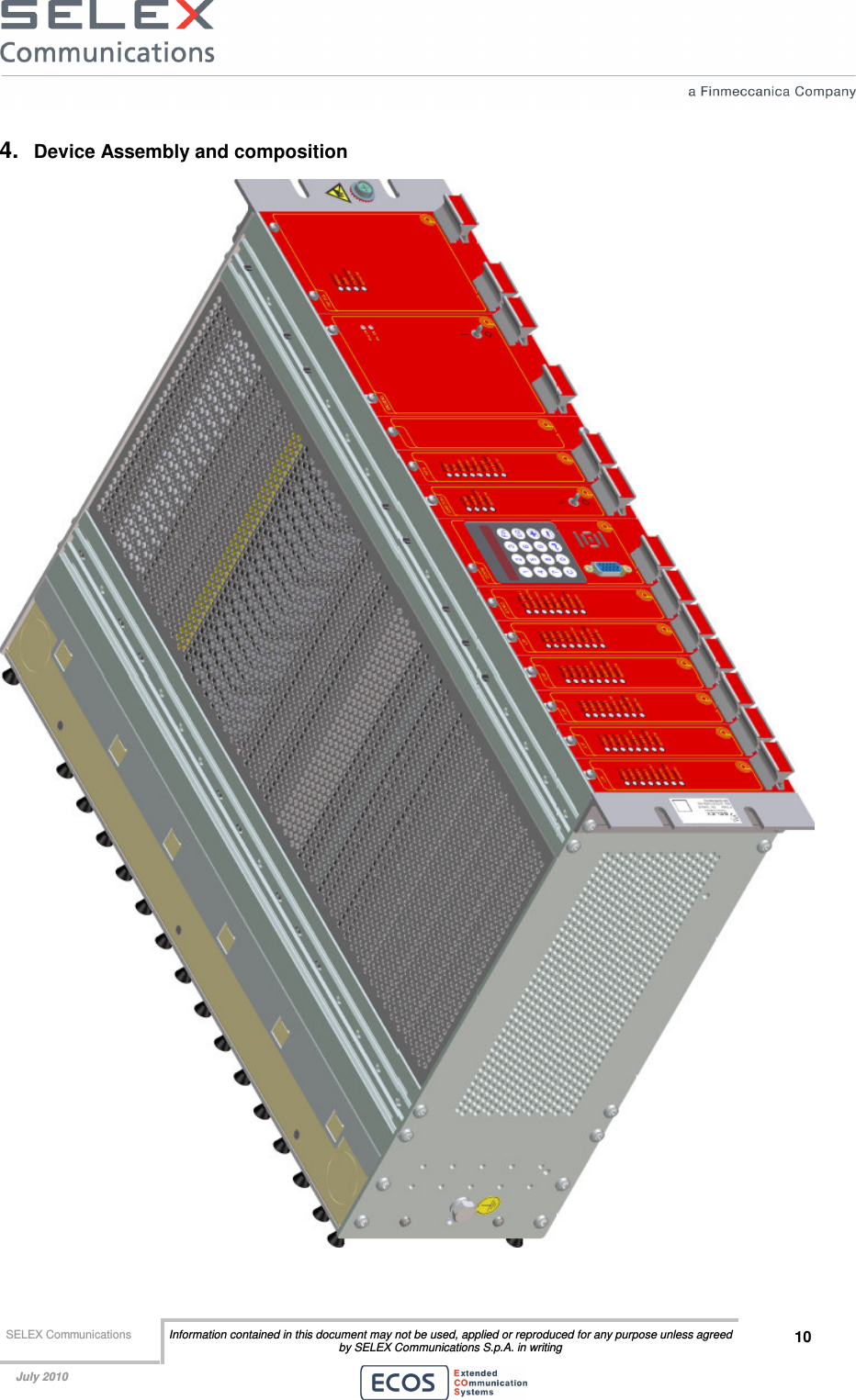  SELEX Communications  Information contained in this document may not be used, applied or reproduced for any purpose unless agreed by SELEX Communications S.p.A. in writing 10    July 2010    4.  Device Assembly and composition  