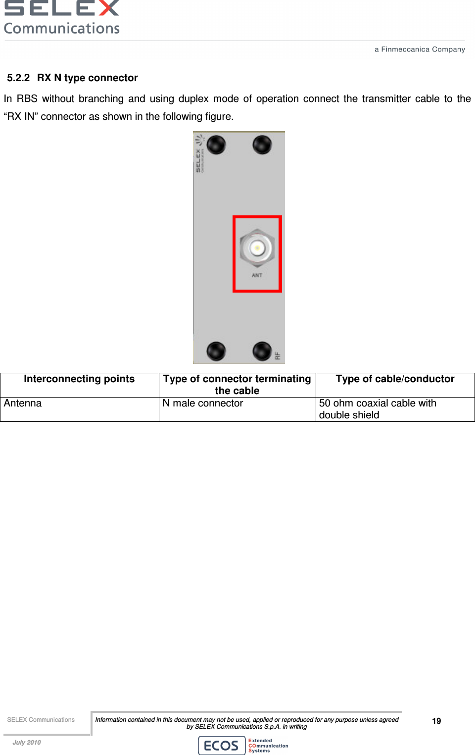  SELEX Communications  Information contained in this document may not be used, applied or reproduced for any purpose unless agreed by SELEX Communications S.p.A. in writing 19    July 2010    5.2.2  RX N type connector In  RBS  without  branching  and  using  duplex  mode  of  operation  connect  the  transmitter  cable  to  the “RX IN” connector as shown in the following figure.    Interconnecting points  Type of connector terminating the cable Type of cable/conductor Antenna  N male connector  50 ohm coaxial cable with double shield   