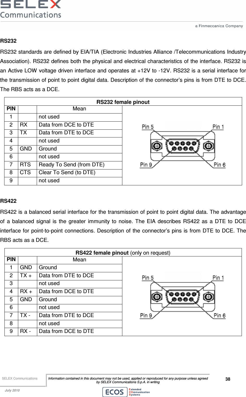  SELEX Communications  Information contained in this document may not be used, applied or reproduced for any purpose unless agreed by SELEX Communications S.p.A. in writing 38    July 2010    RS232 RS232 standards are defined by EIA/TIA (Electronic Industries Alliance /Telecommunications Industry Association). RS232 defines both the physical and electrical characteristics of the interface. RS232 is an Active LOW voltage driven interface and operates at +12V to -12V. RS232 is a serial interface for the transmission of point to point digital data. Description of the connector’s pins is from DTE to DCE. The RBS acts as a DCE. RS232 female pinout PIN  Mean 1    not used 2  RX  Data from DCE to DTE 3  TX  Data from DTE to DCE 4    not used 5  GND  Ground 6    not used 7  RTS  Ready To Send (from DTE) 8  CTS  Clear To Send (to DTE) 9    not used   RS422 RS422 is a balanced serial interface for the transmission of point to point digital data. The advantage of  a  balanced  signal  is  the  greater  immunity  to  noise.  The  EIA  describes  RS422  as  a  DTE  to  DCE interface for point-to-point connections. Description of the connector’s pins is from DTE to DCE. The RBS acts as a DCE. RS422 female pinout (only on request) PIN  Mean 1  GND  Ground 2  TX +  Data from DTE to DCE 3    not used 4  RX +  Data from DCE to DTE 5  GND  Ground 6    not used 7  TX -  Data from DTE to DCE 8    not used 9  RX -  Data from DCE to DTE   