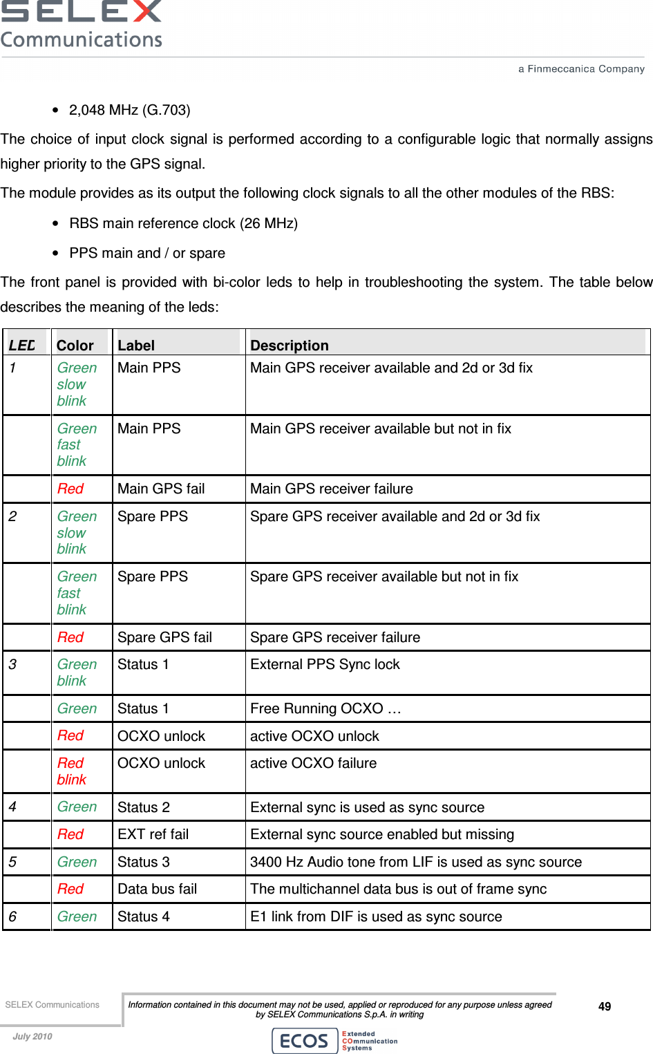  SELEX Communications  Information contained in this document may not be used, applied or reproduced for any purpose unless agreed by SELEX Communications S.p.A. in writing 49    July 2010    •  2,048 MHz (G.703) The choice of input  clock  signal is performed according to a configurable logic that normally assigns higher priority to the GPS signal. The module provides as its output the following clock signals to all the other modules of the RBS: •  RBS main reference clock (26 MHz) •  PPS main and / or spare The  front  panel is provided with bi-color leds  to  help in troubleshooting the system.  The table below describes the meaning of the leds: LED  Color  Label  Description 1  Green slow blink Main PPS  Main GPS receiver available and 2d or 3d fix  Green fast blink Main PPS  Main GPS receiver available but not in fix  Red  Main GPS fail  Main GPS receiver failure 2  Green slow blink Spare PPS  Spare GPS receiver available and 2d or 3d fix   Green fast blink Spare PPS  Spare GPS receiver available but not in fix  Red  Spare GPS fail  Spare GPS receiver failure 3  Green blink Status 1  External PPS Sync lock  Green Status 1  Free Running OCXO …  Red  OCXO unlock  active OCXO unlock  Red blink OCXO unlock  active OCXO failure 4  Green Status 2  External sync is used as sync source  Red  EXT ref fail  External sync source enabled but missing 5  Green Status 3  3400 Hz Audio tone from LIF is used as sync source  Red  Data bus fail  The multichannel data bus is out of frame sync 6  Green Status 4  E1 link from DIF is used as sync source 