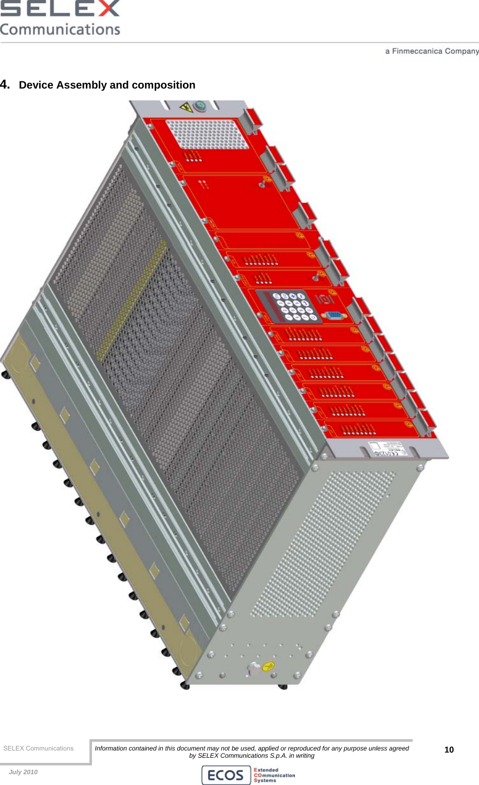  SELEX Communications  Information contained in this document may not be used, applied or reproduced for any purpose unless agreed by SELEX Communications S.p.A. in writing 10    July 2010    4.  Device Assembly and composition  