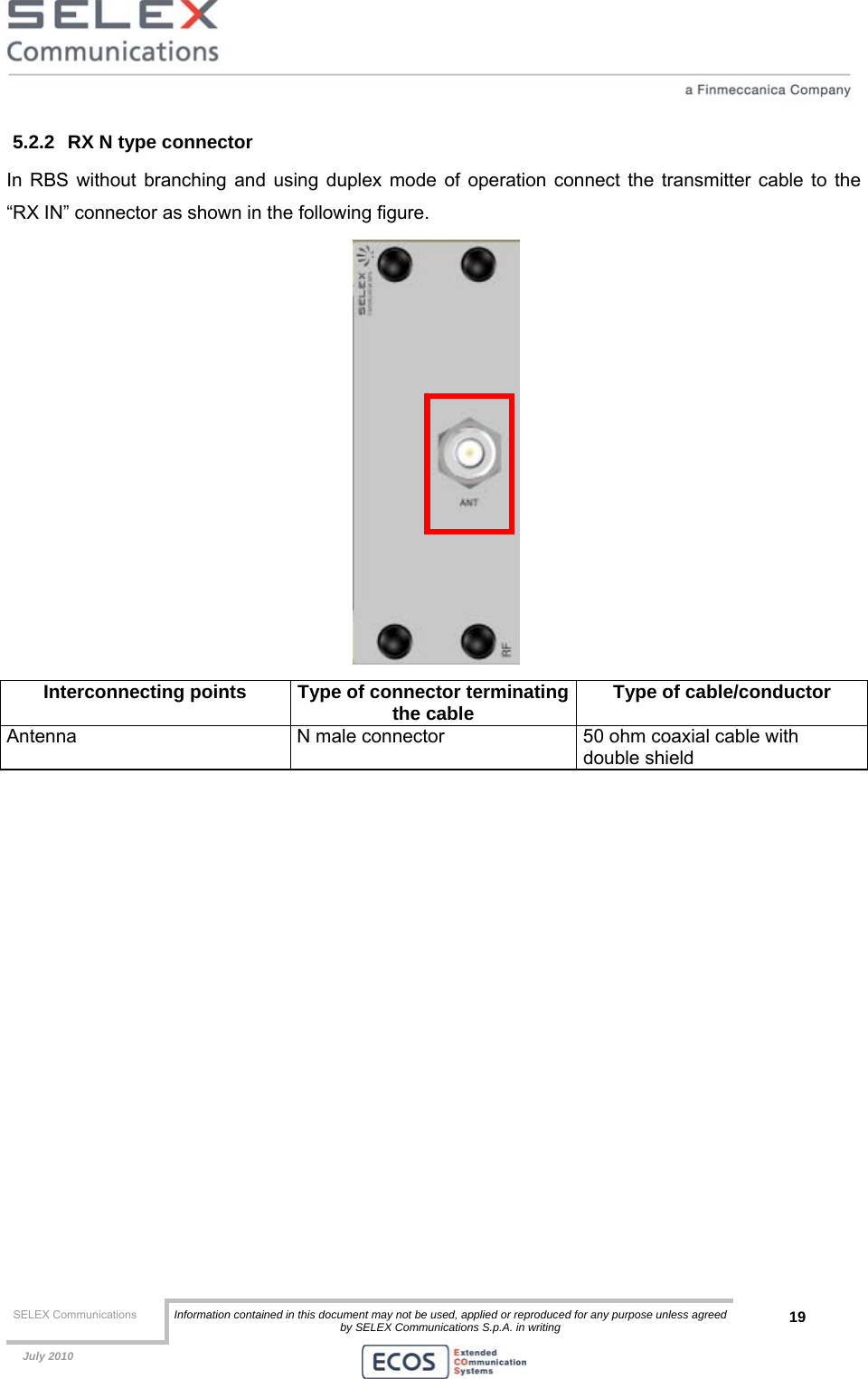  SELEX Communications  Information contained in this document may not be used, applied or reproduced for any purpose unless agreed by SELEX Communications S.p.A. in writing 19    July 2010    5.2.2  RX N type connector In RBS without branching and using duplex mode of operation connect the transmitter cable to the “RX IN” connector as shown in the following figure.   Interconnecting points  Type of connector terminatingthe cable  Type of cable/conductor Antenna  N male connector  50 ohm coaxial cable with double shield   