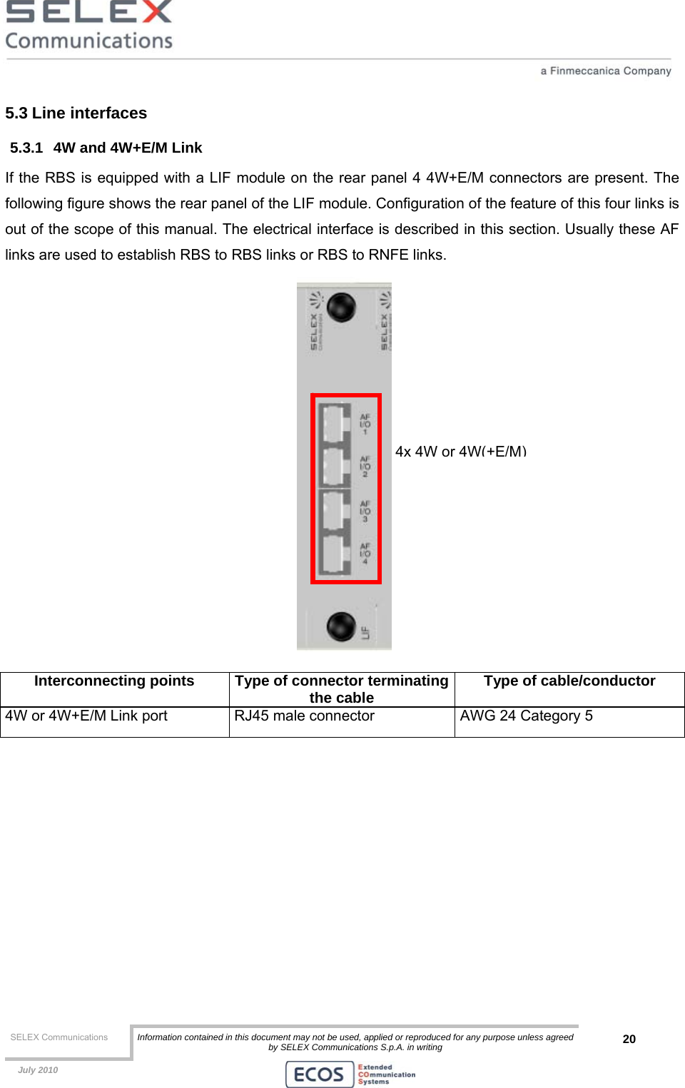  SELEX Communications  Information contained in this document may not be used, applied or reproduced for any purpose unless agreed by SELEX Communications S.p.A. in writing 20    July 2010    5.3 Line interfaces 5.3.1  4W and 4W+E/M Link If the RBS is equipped with a LIF module on the rear panel 4 4W+E/M connectors are present. The following figure shows the rear panel of the LIF module. Configuration of the feature of this four links is out of the scope of this manual. The electrical interface is described in this section. Usually these AF links are used to establish RBS to RBS links or RBS to RNFE links.    Interconnecting points  Type of connector terminatingthe cable  Type of cable/conductor 4W or 4W+E/M Link port  RJ45 male connector  AWG 24 Category 5   4x 4W or 4W(+E/M)