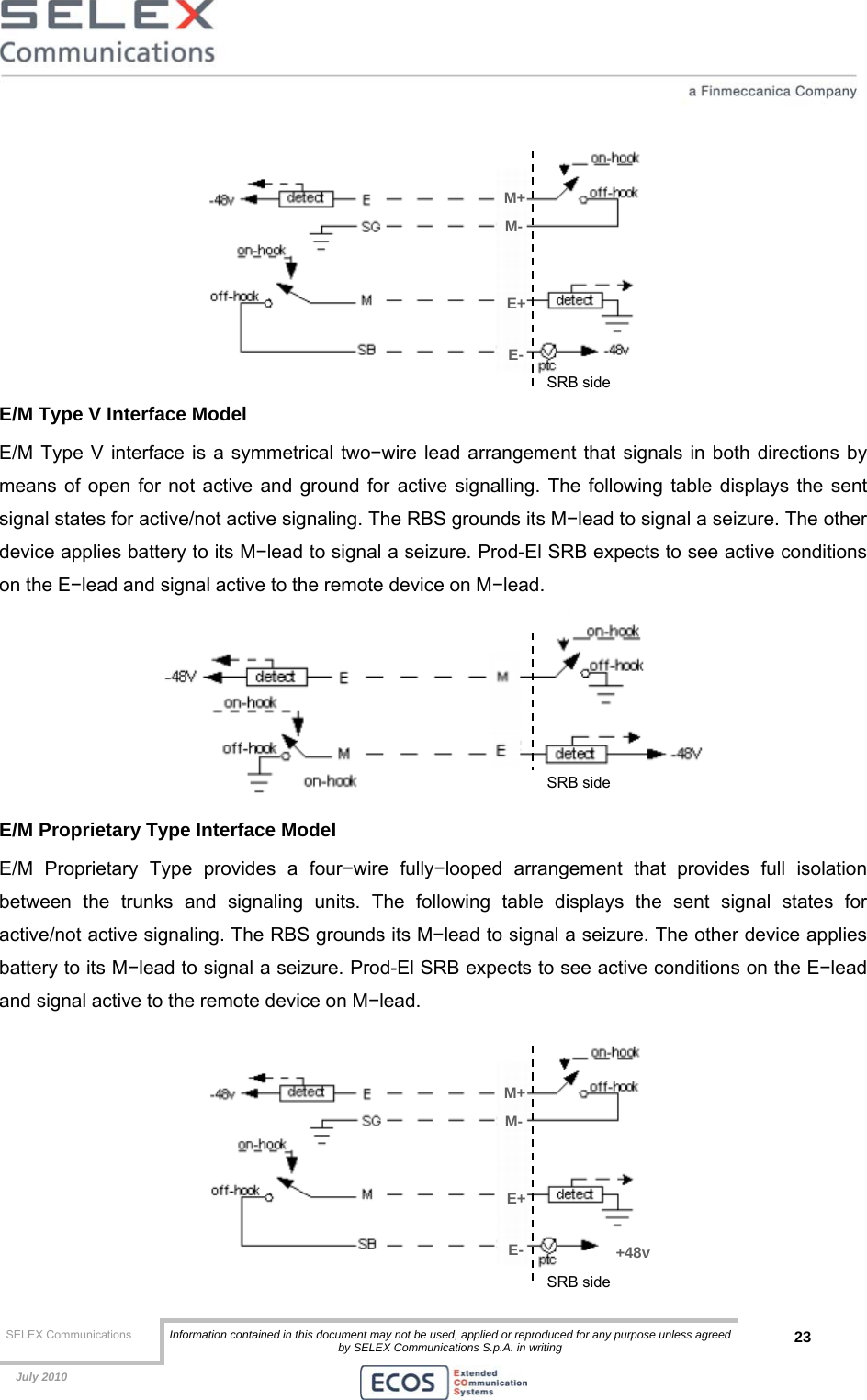  SELEX Communications  Information contained in this document may not be used, applied or reproduced for any purpose unless agreed by SELEX Communications S.p.A. in writing 23    July 2010      E/M Type V Interface Model E/M Type V interface is a symmetrical two−wire lead arrangement that signals in both directions by means of open for not active and ground for active signalling. The following table displays the sent signal states for active/not active signaling. The RBS grounds its M−lead to signal a seizure. The other device applies battery to its M−lead to signal a seizure. Prod-El SRB expects to see active conditions on the E−lead and signal active to the remote device on M−lead.  E/M Proprietary Type Interface Model E/M Proprietary Type provides a four−wire fully−looped arrangement that provides full isolation between the trunks and signaling units. The following table displays the sent signal states for active/not active signaling. The RBS grounds its M−lead to signal a seizure. The other device applies battery to its M−lead to signal a seizure. Prod-El SRB expects to see active conditions on the E−lead and signal active to the remote device on M−lead.  M+M-E+E-M+M-E+E- +48v SRB side SRB side SRB side 